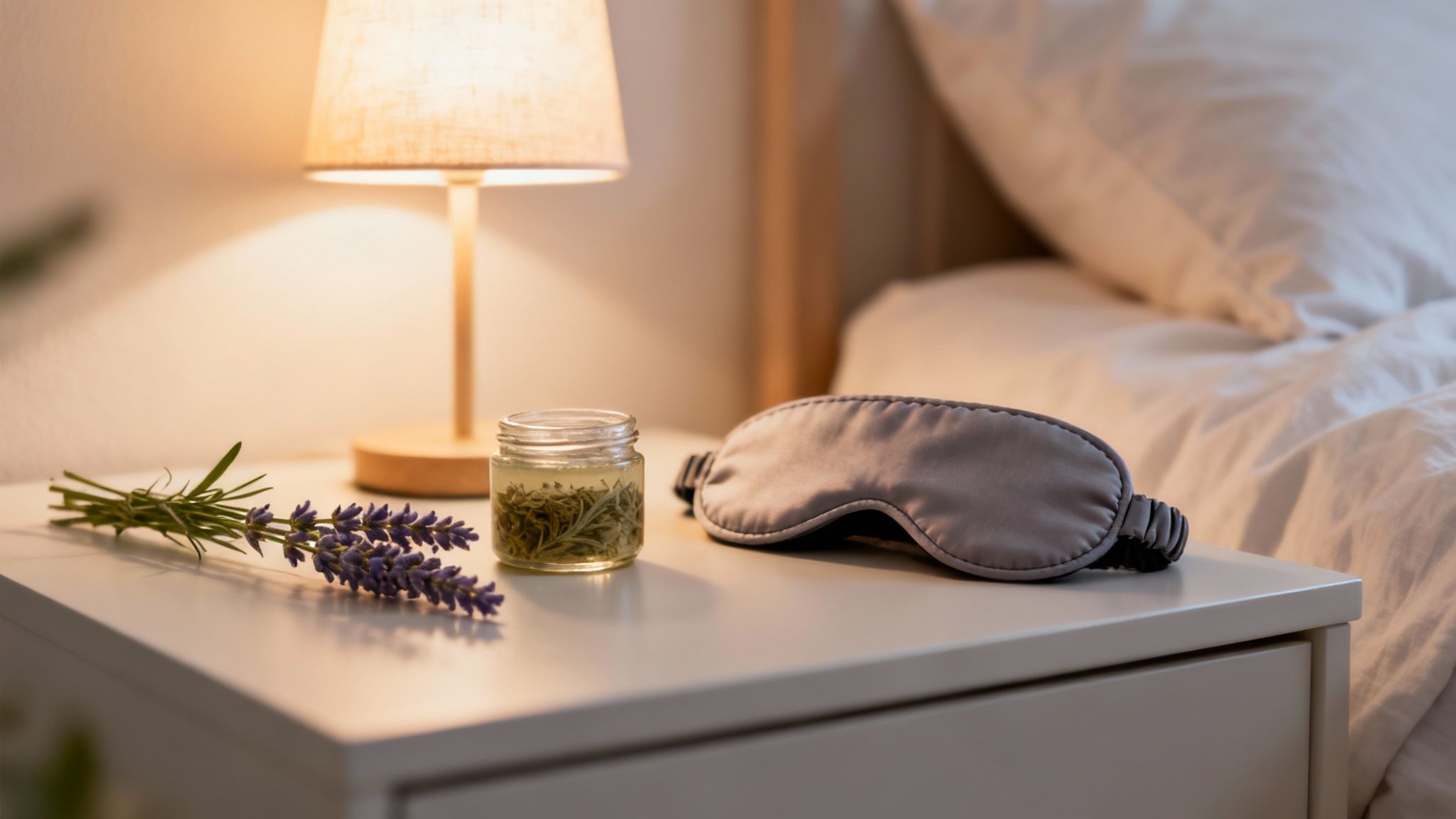 A bedside table with a glowing lamp, lavender, an herbal jar, and a grey sleep mask next to a bed.