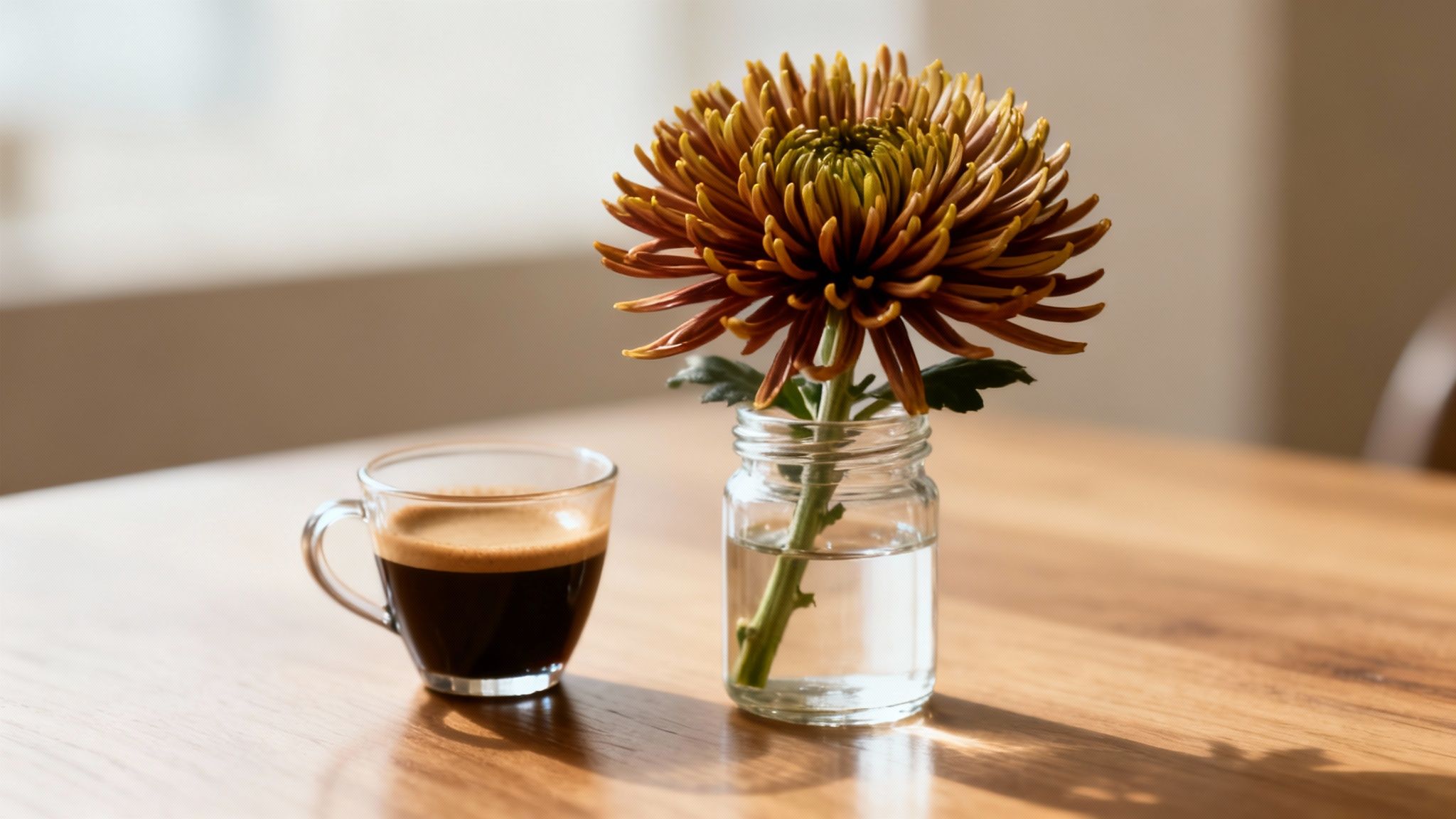 Espresso in a glass cup next to a vibrant chrysanthemum in a small vase on wood.