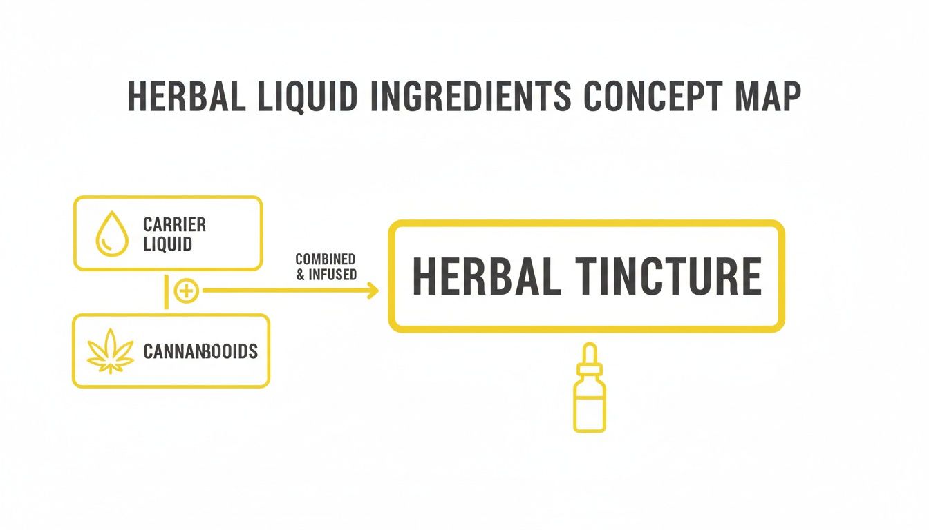 A concept map showing carrier liquid and cannabinoids combined and infused to create herbal tincture.