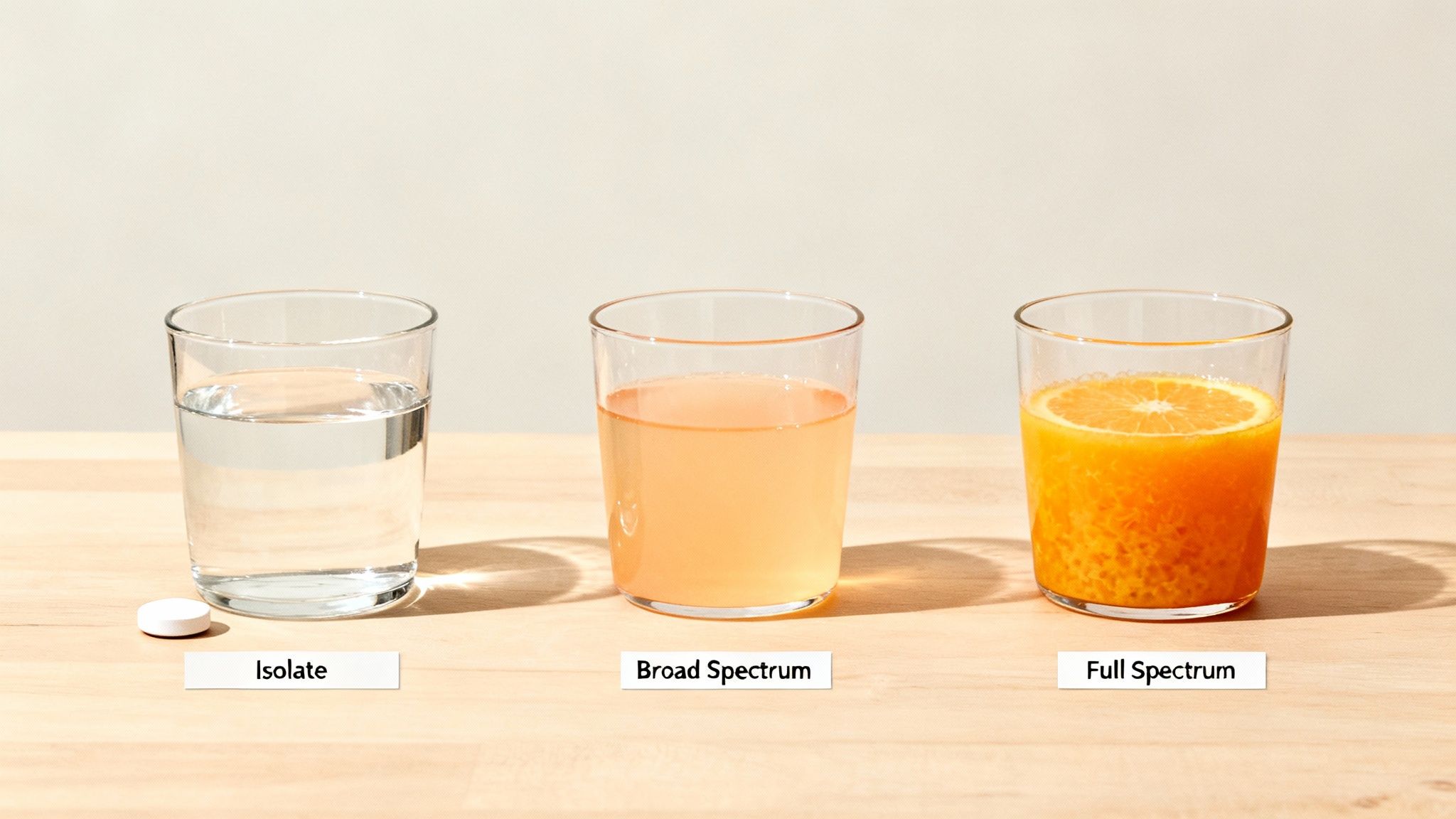 Three glasses illustrate product spectrums: Isolate (water, pill), Broad Spectrum (light juice), Full Spectrum (orange juice, slice).