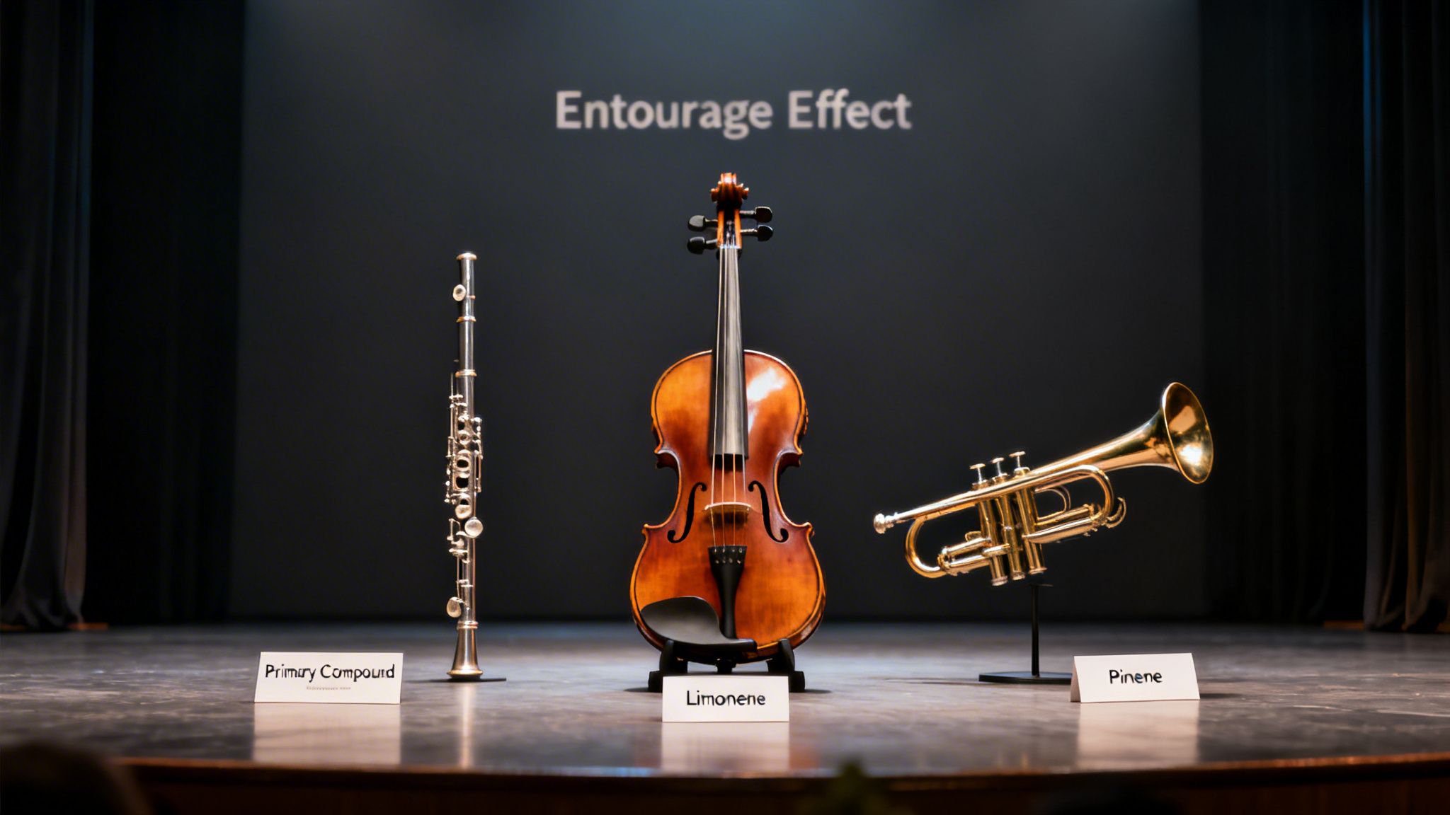A clarinet, violin, and trumpet on stage with signs for 'Primary Compound', 'Limonene', and 'Pinene', and 'Entourage Effect' text.