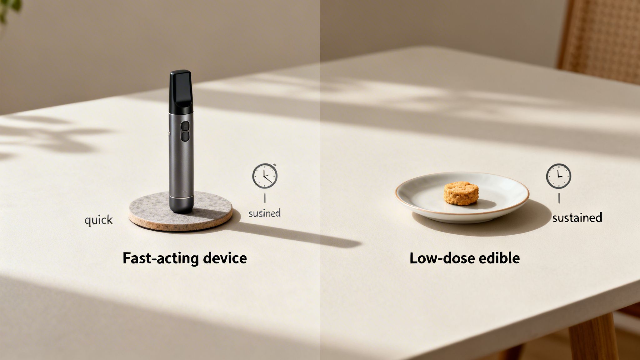 Side-by-side comparison of a fast-acting device for quick effects and a low-dose edible for sustained relief.