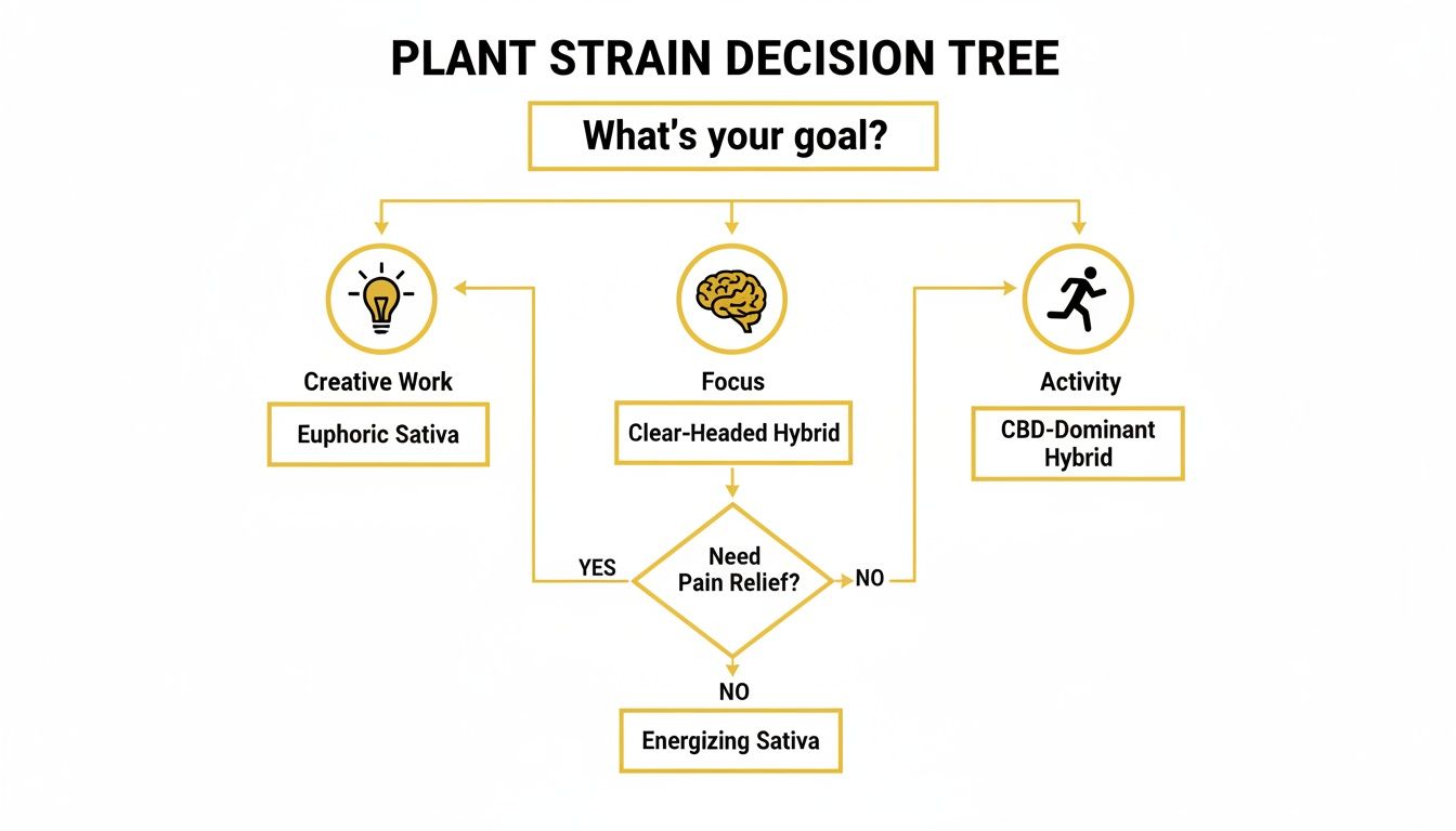 A plant strain decision tree helps select strains based on goals: creative work, focus, and activity.