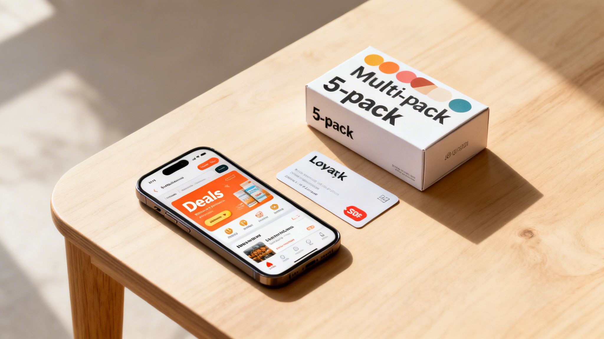An iPhone displaying a 'Deals' app, a 'Multi-pack 5-pack' box, and a loyalty card on a wooden table.