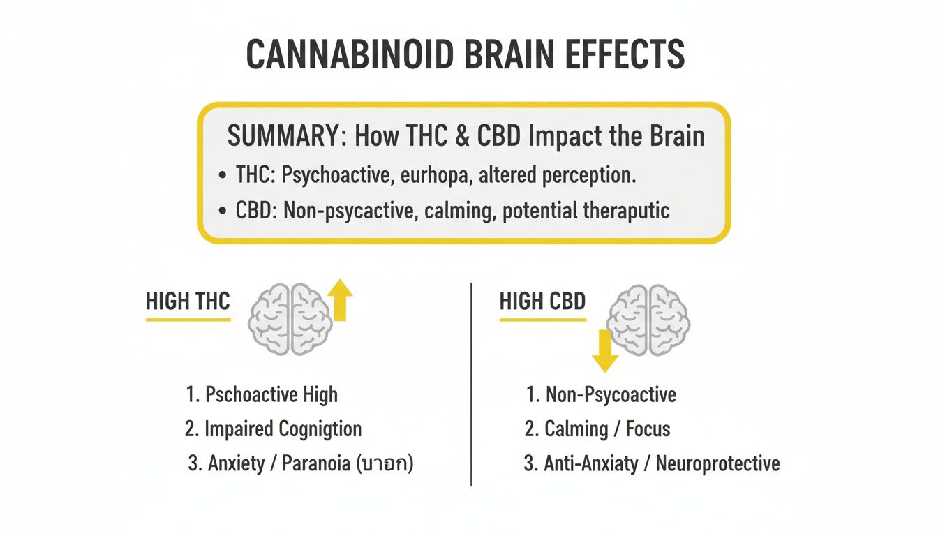 Infographic comparing brain effects of high THC (psychoactive, impaired cognition, anxiety) and high CBD (non-psychoactive, calming, anti-anxiety).