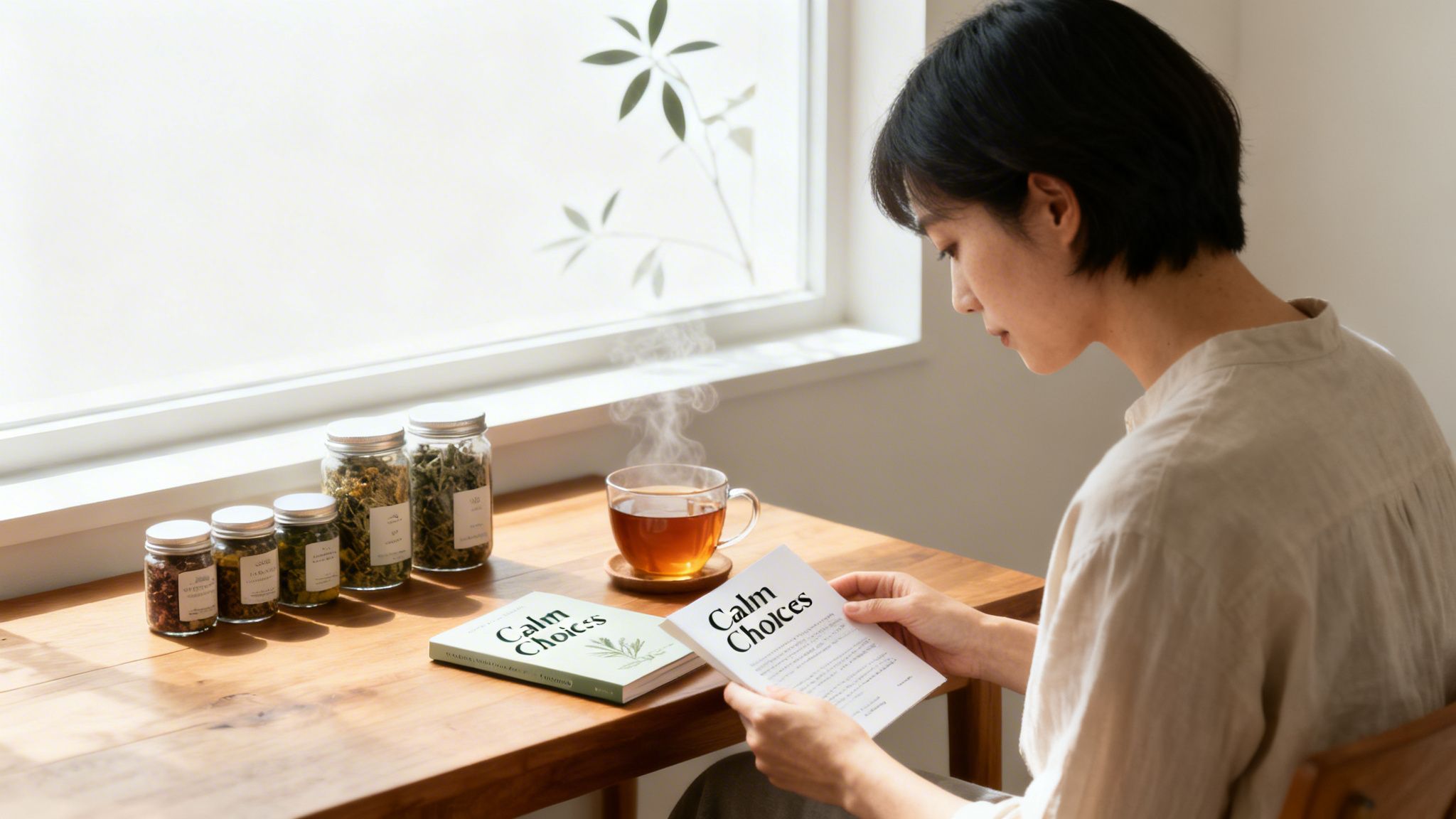 A person reads a booklet next to steaming tea and jars of herbs by a sunlit window.