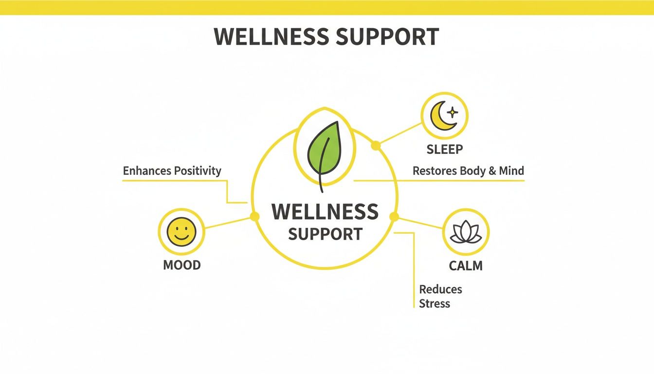 A diagram illustrating wellness support enhancing mood, sleep, and calm, reducing stress and restoring body and mind.