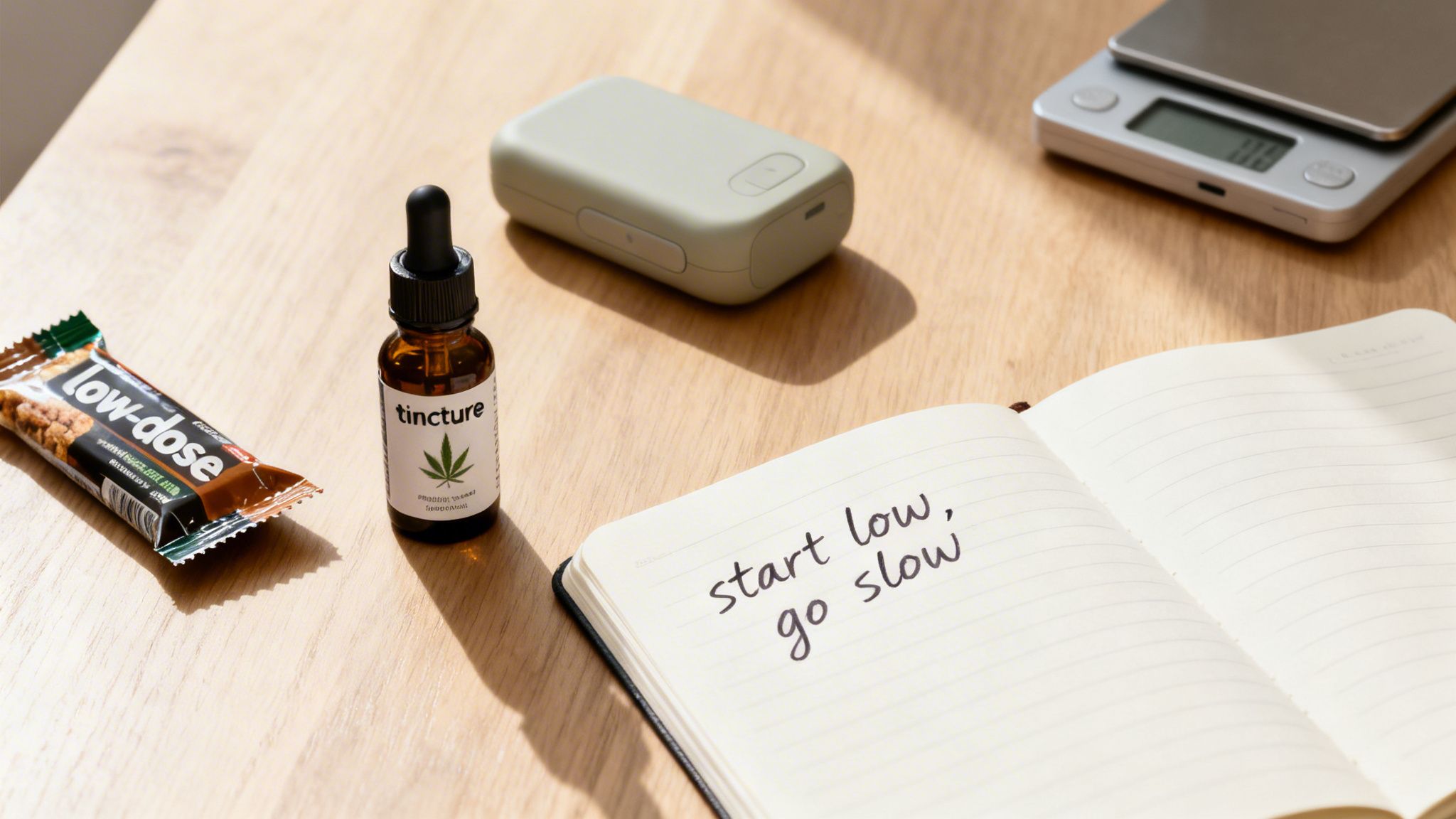 A cannabis tincture bottle, a low-dose edible bar, and a notebook with 'start low, go slow' written on it.