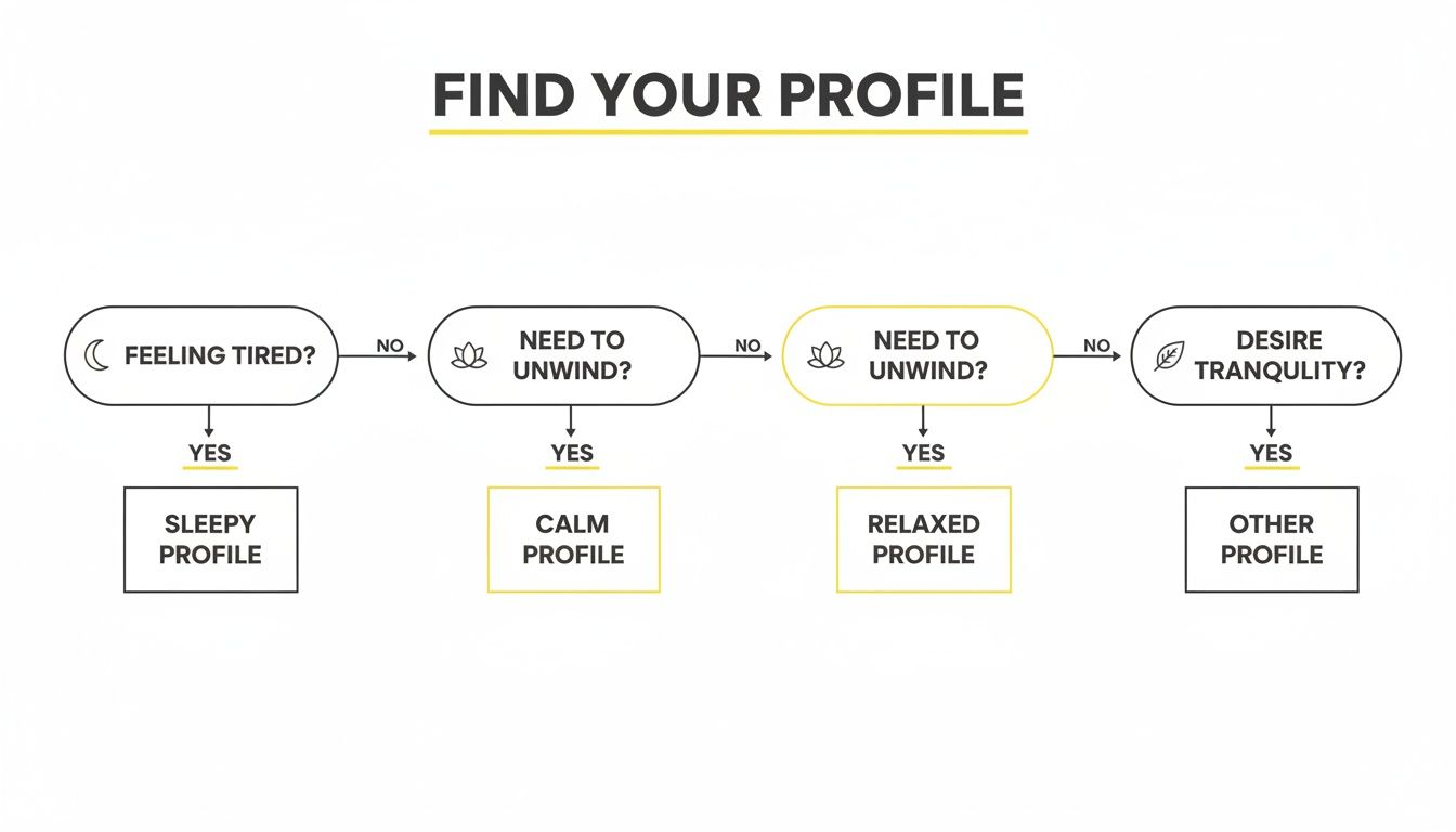 A flowchart guiding users to find their personal profile based on questions about sleep and relaxation needs.
