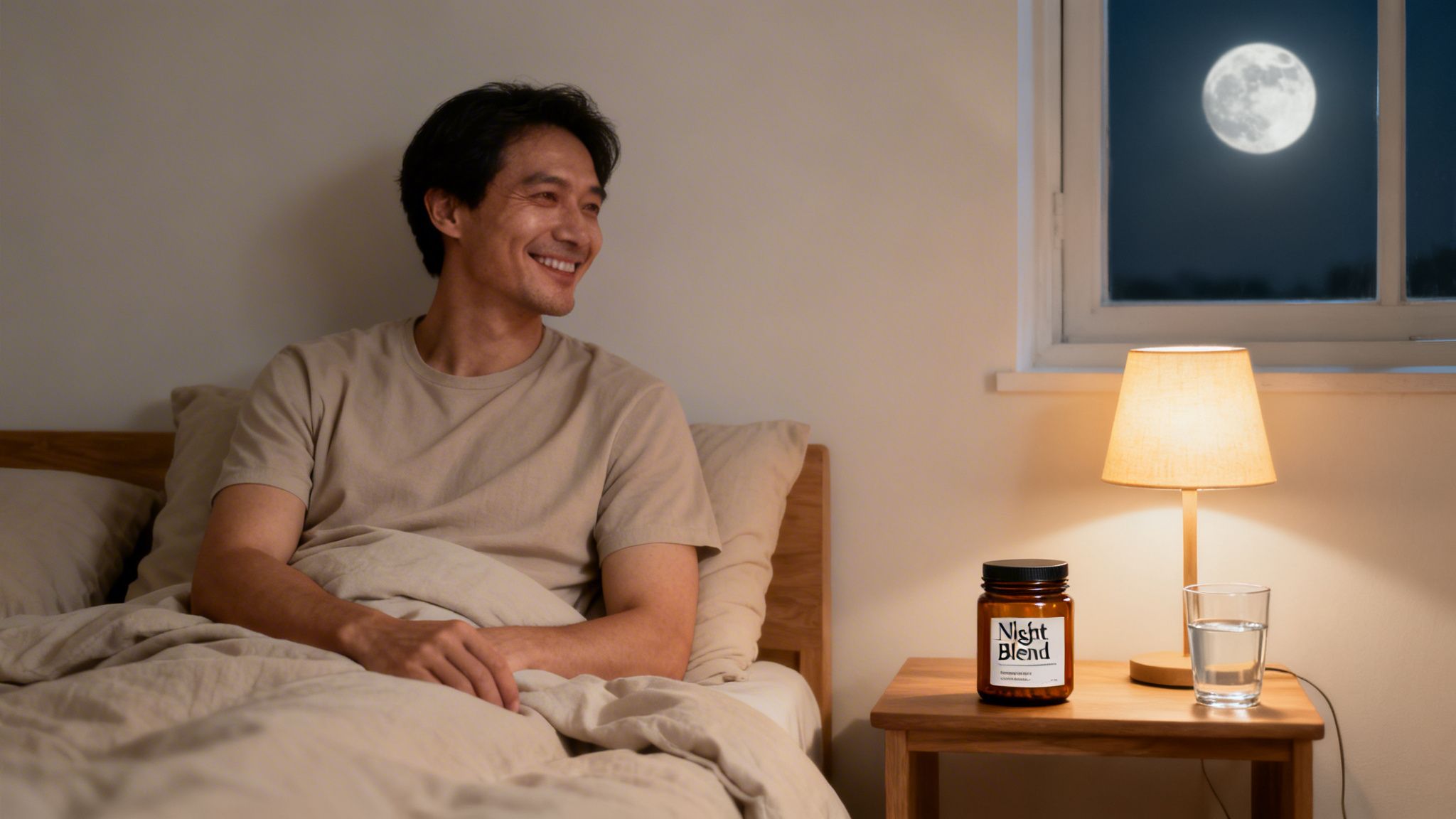 A smiling man in bed at night, with a "Night Blend" jar, water glass, and lamp on a nightstand.