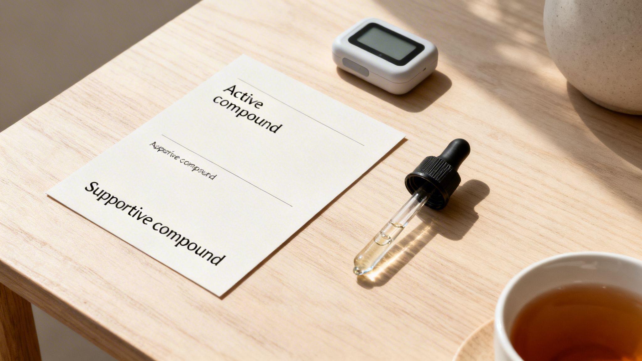 An overhead shot of a wooden table with a card for compounds, a dropper, a digital device, and a cup of tea.