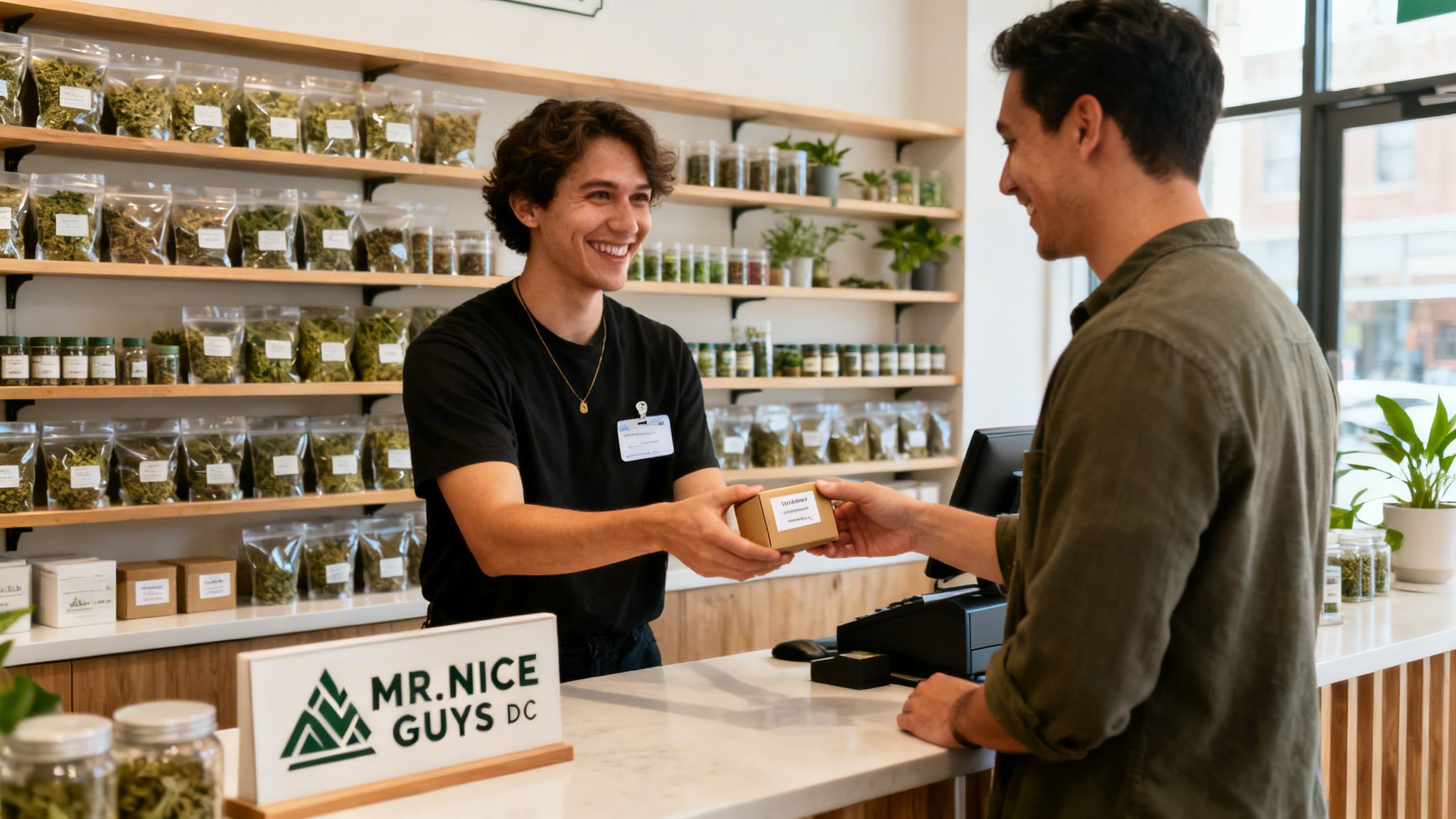 Smiling cannabis dispensary employee hands a package to a customer at the counter, with products on shelves.