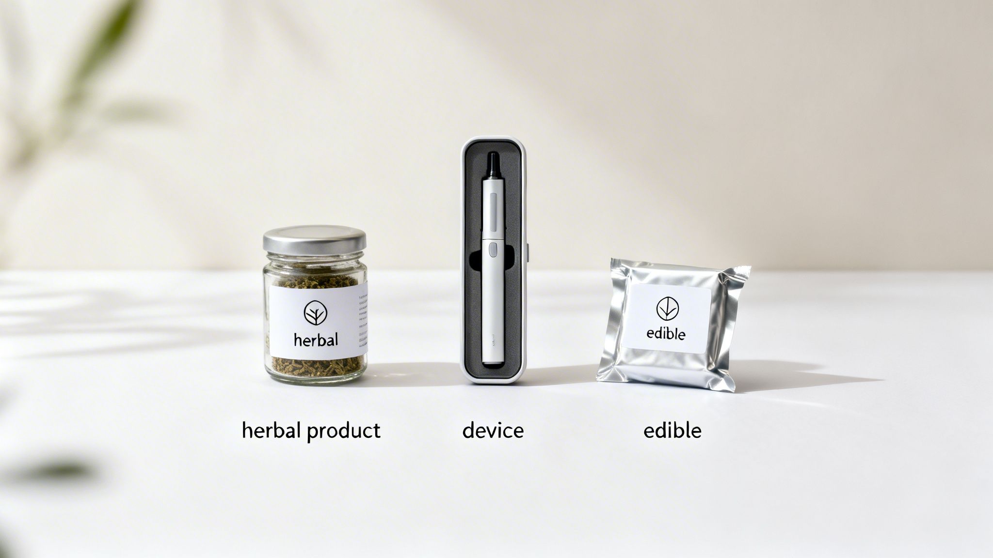 A display of a herbal product in a jar, a vape device, and an edible in a pouch.