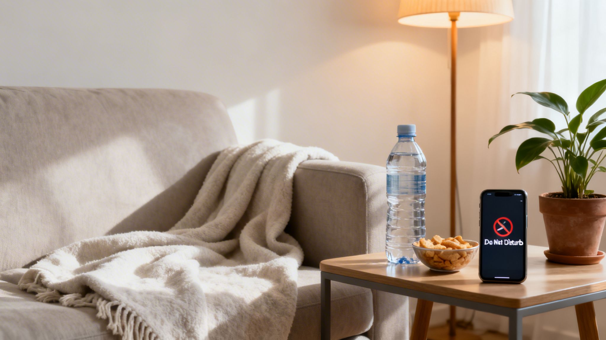 A cozy living room scene with a beige couch, blanket, snacks, water, and a phone displaying 'Do Not Disturb'.