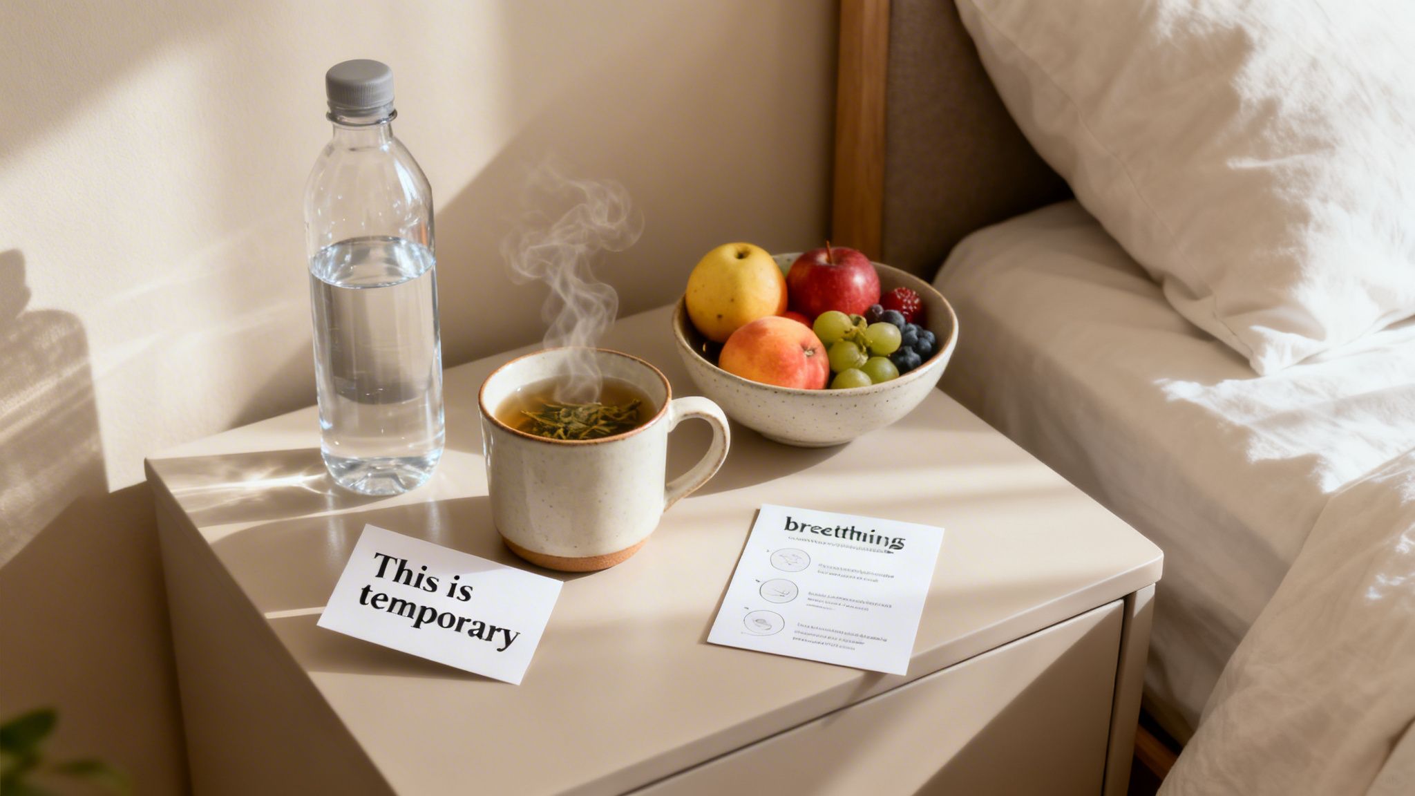Close-up of a bedside table with a bottle of water, hot tea, and a bowl of fresh fruit.
