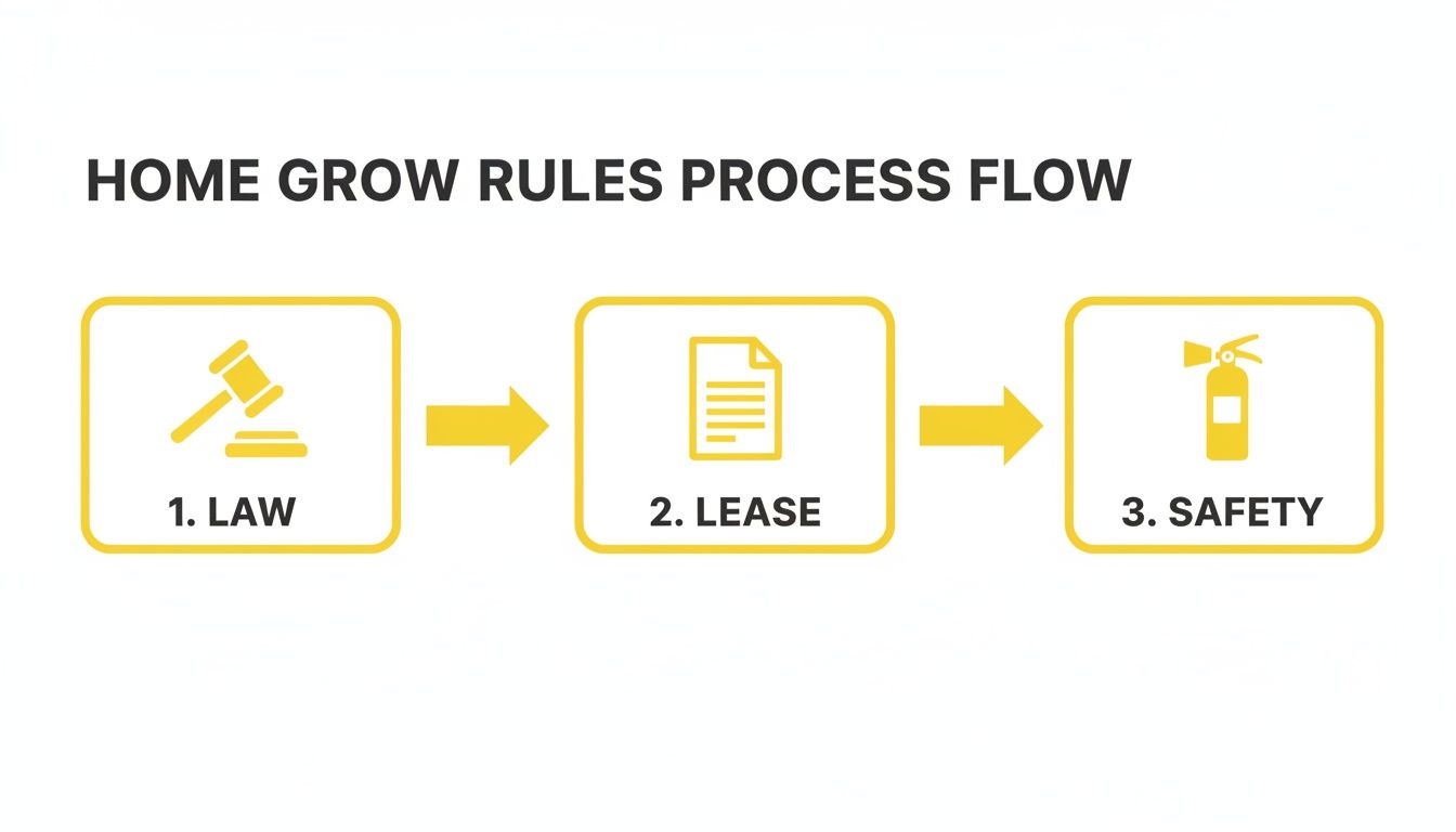 A process flow diagram outlining home grow rules, including Law, Lease, and Safety stages with icons.