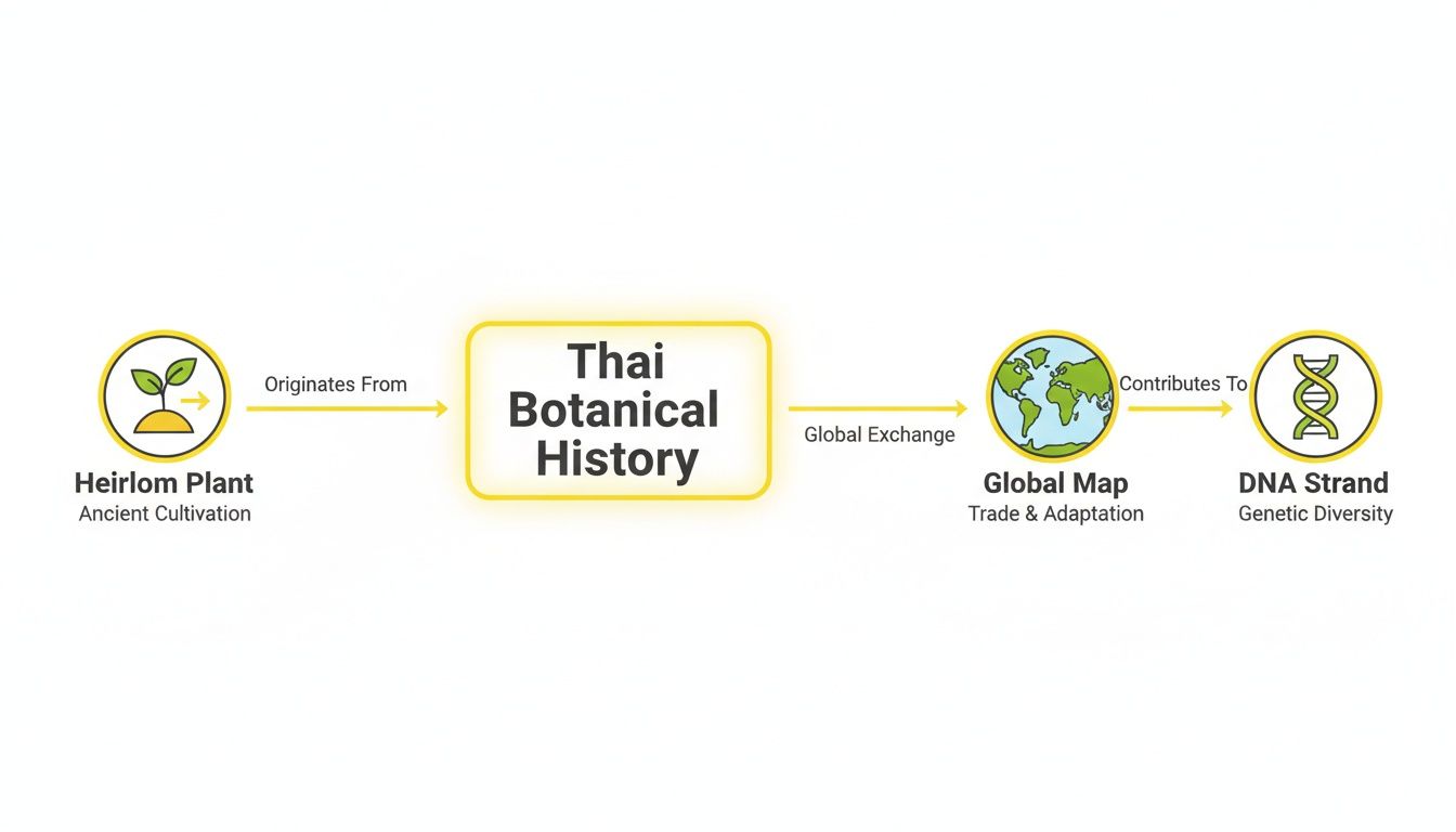 Flowchart showing Thai botanical history's journey from heirloom plants to global genetic diversity.