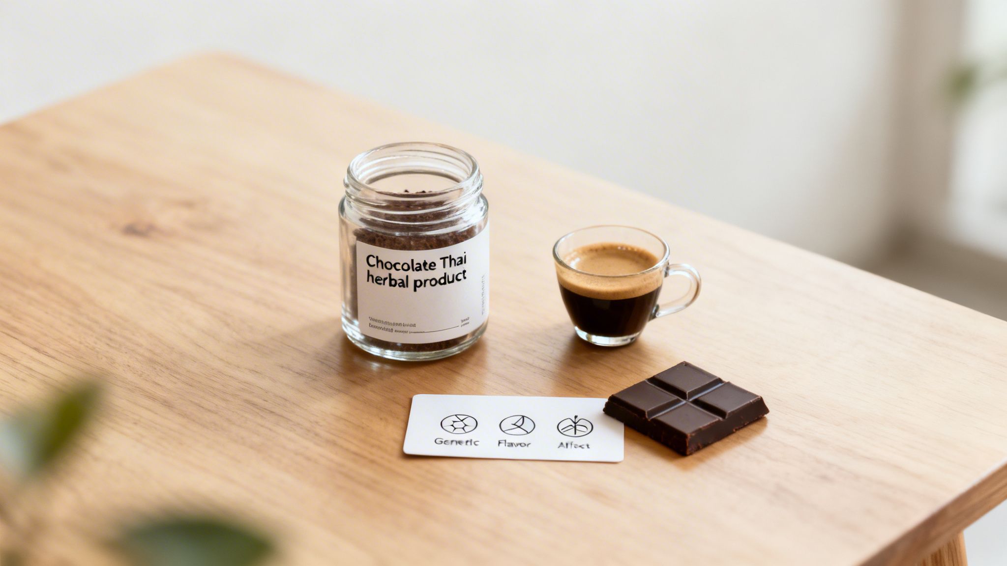 A Chocolate Thai herbal product jar, espresso, chocolate bar, and a card with flavor attributes on a wooden table.
