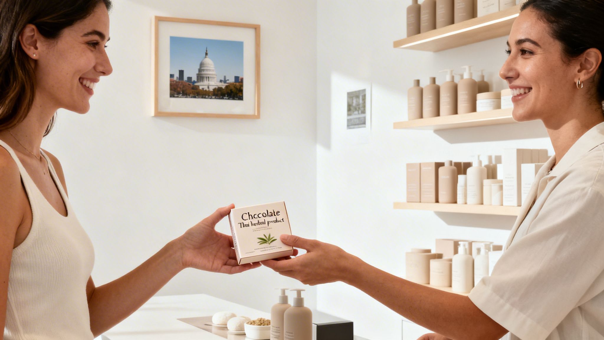 Two smiling women exchanging a 'Chocolate Thai herbal product' box in a clean, minimalist store.