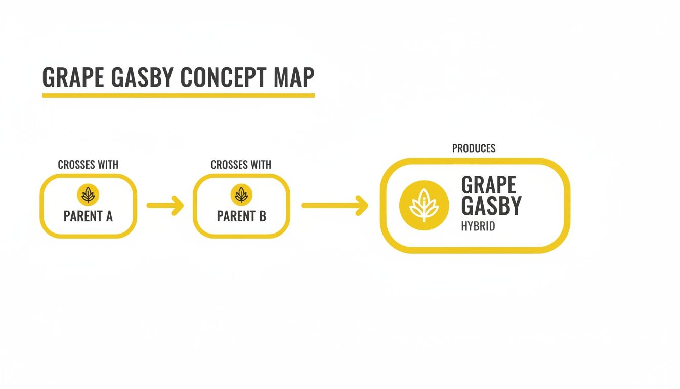 A concept map illustrating Parent A crossing with Parent B to produce the Grape Gasby Hybrid strain.