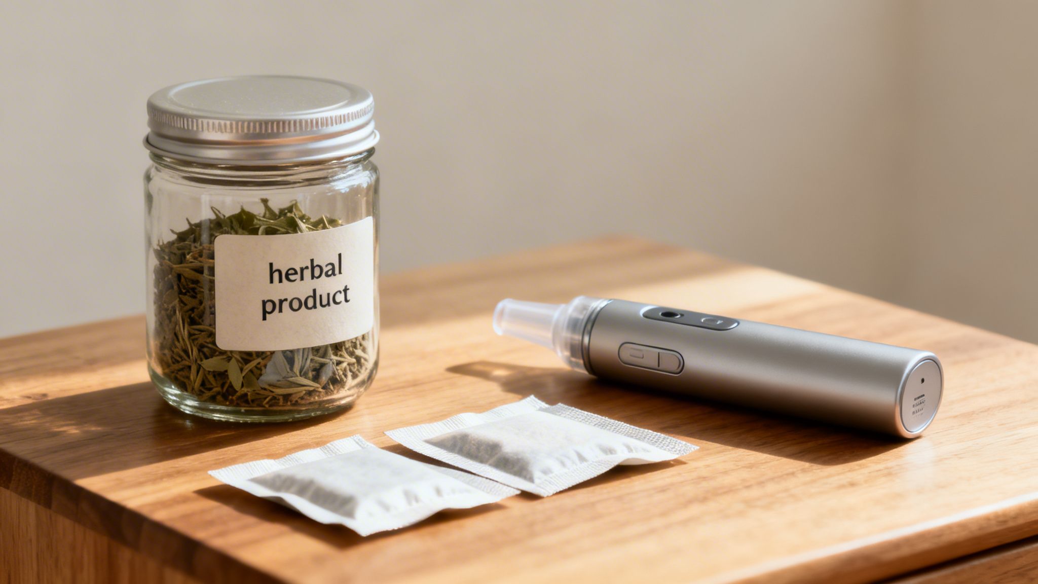 A glass jar of dried herbal product, two sachets, and a silver electronic device on a wooden table.