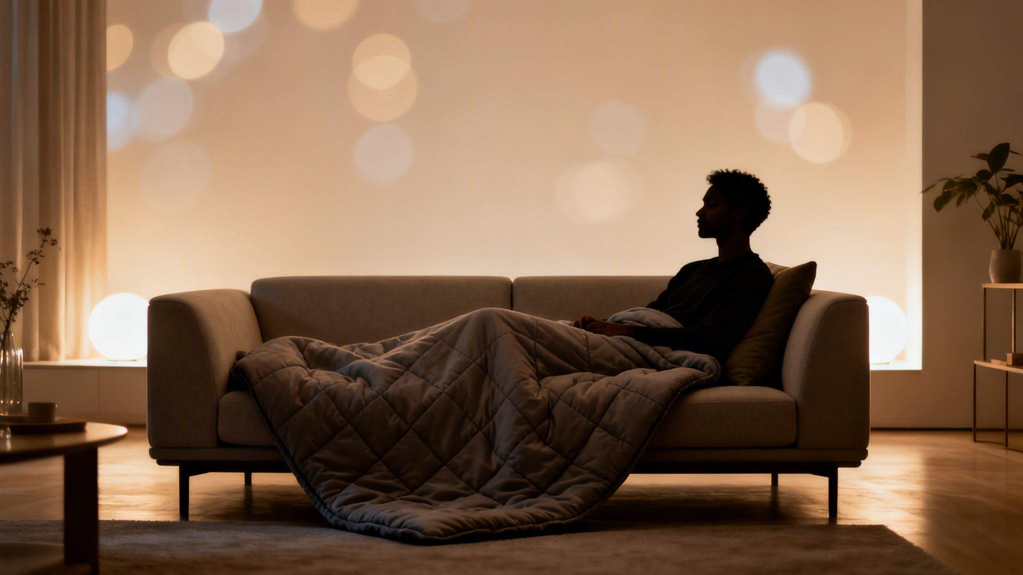 Silhouette of a person relaxing on a couch under a blanket in a cozy, warmly lit room.