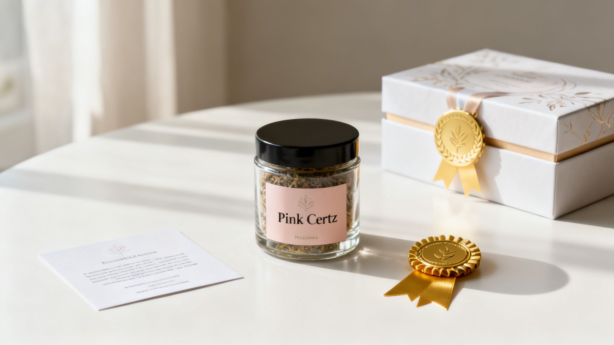 A clear jar of "Pink Certz" hemp with a black lid, a gift box, and gold medals on a white table.