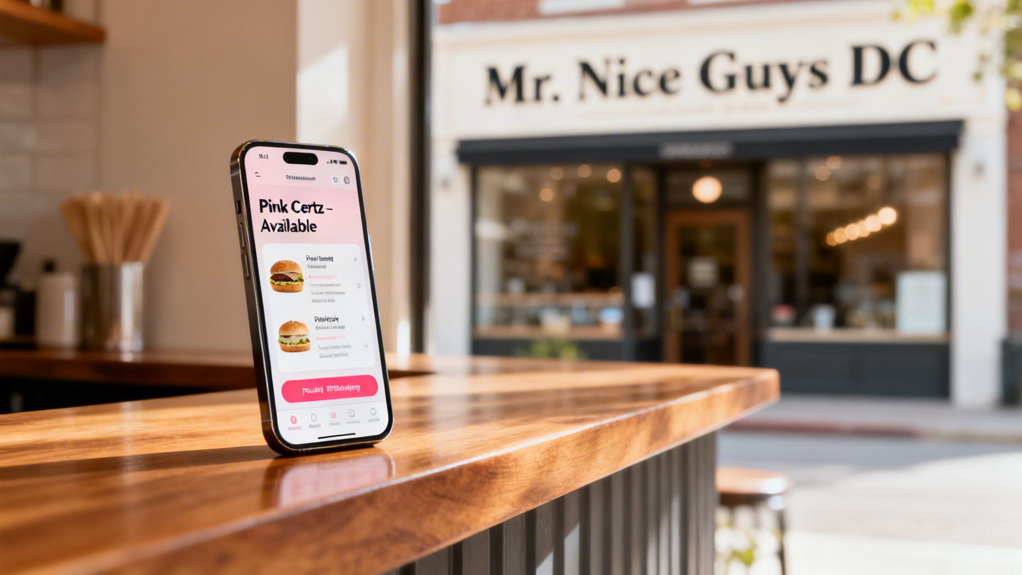 A smartphone displays a food ordering app with Pink Certz burgers on a wooden counter outside Mr. Nice Guys DC.