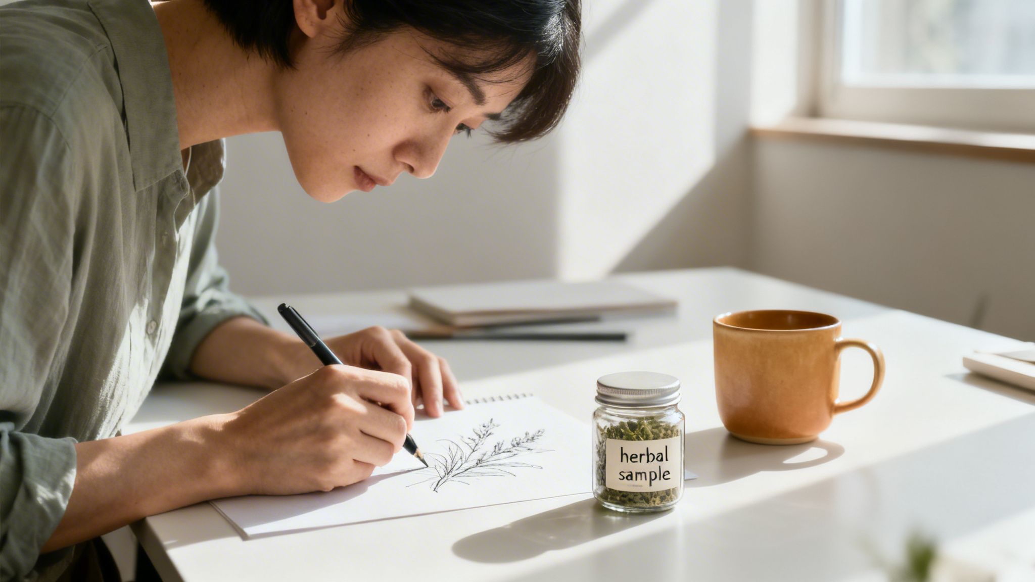 Focused person drawing a plant from a jar labeled "herbal sample" on a bright white desk.