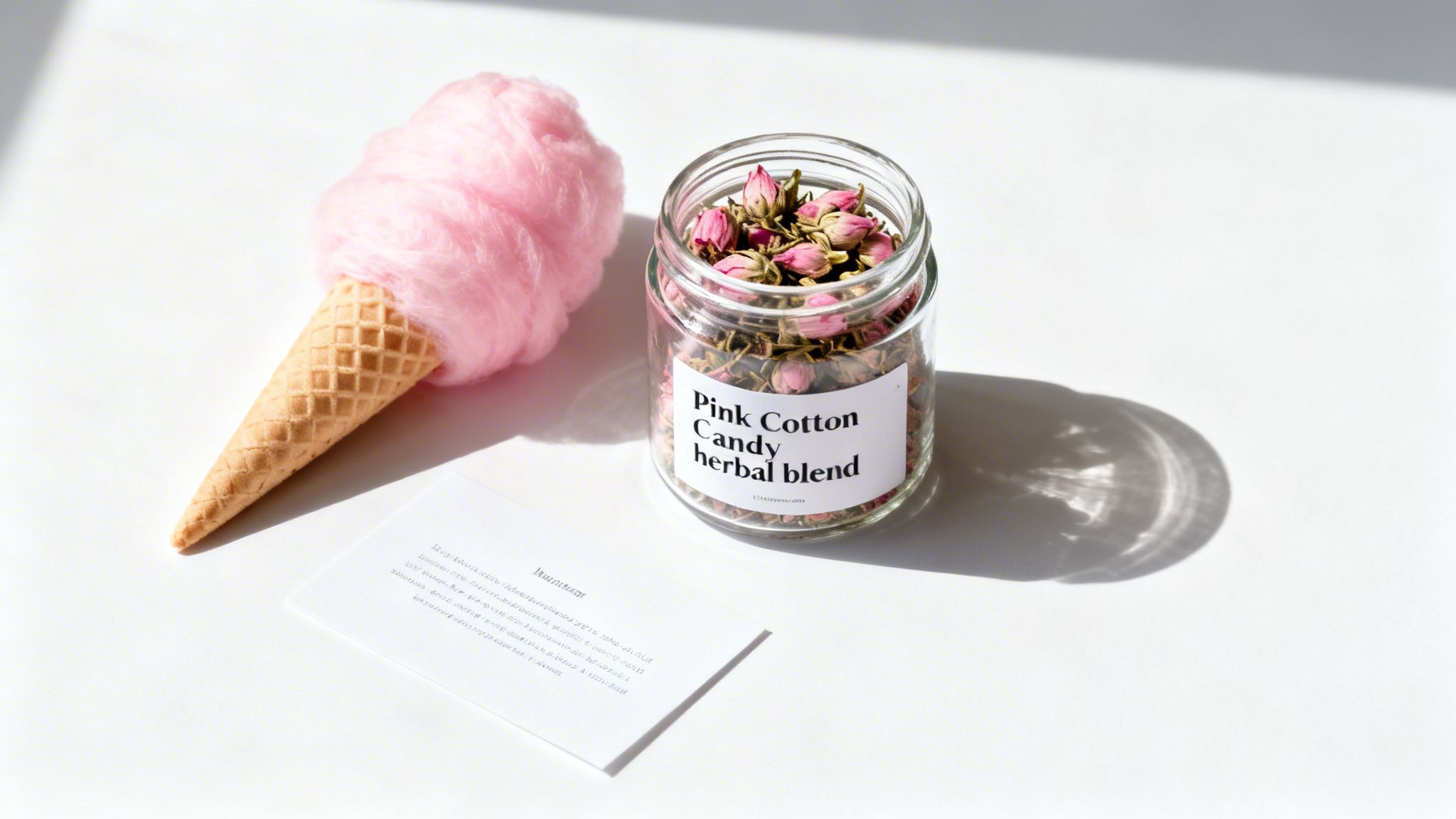 A waffle cone with pink cotton candy next to a jar of 'Pink Cotton Candy herbal blend' on a white table.
