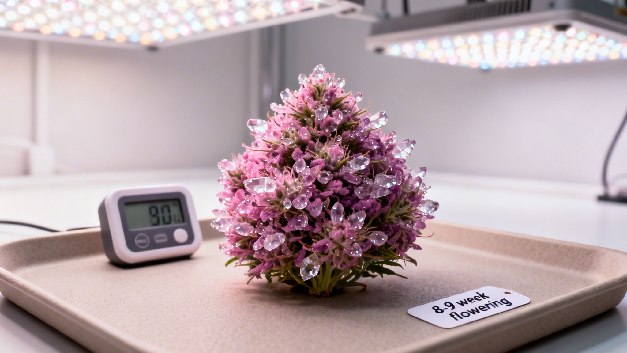 Vibrant pink cannabis bud covered in sparkling crystals on a tray with a digital thermometer and grow lights.