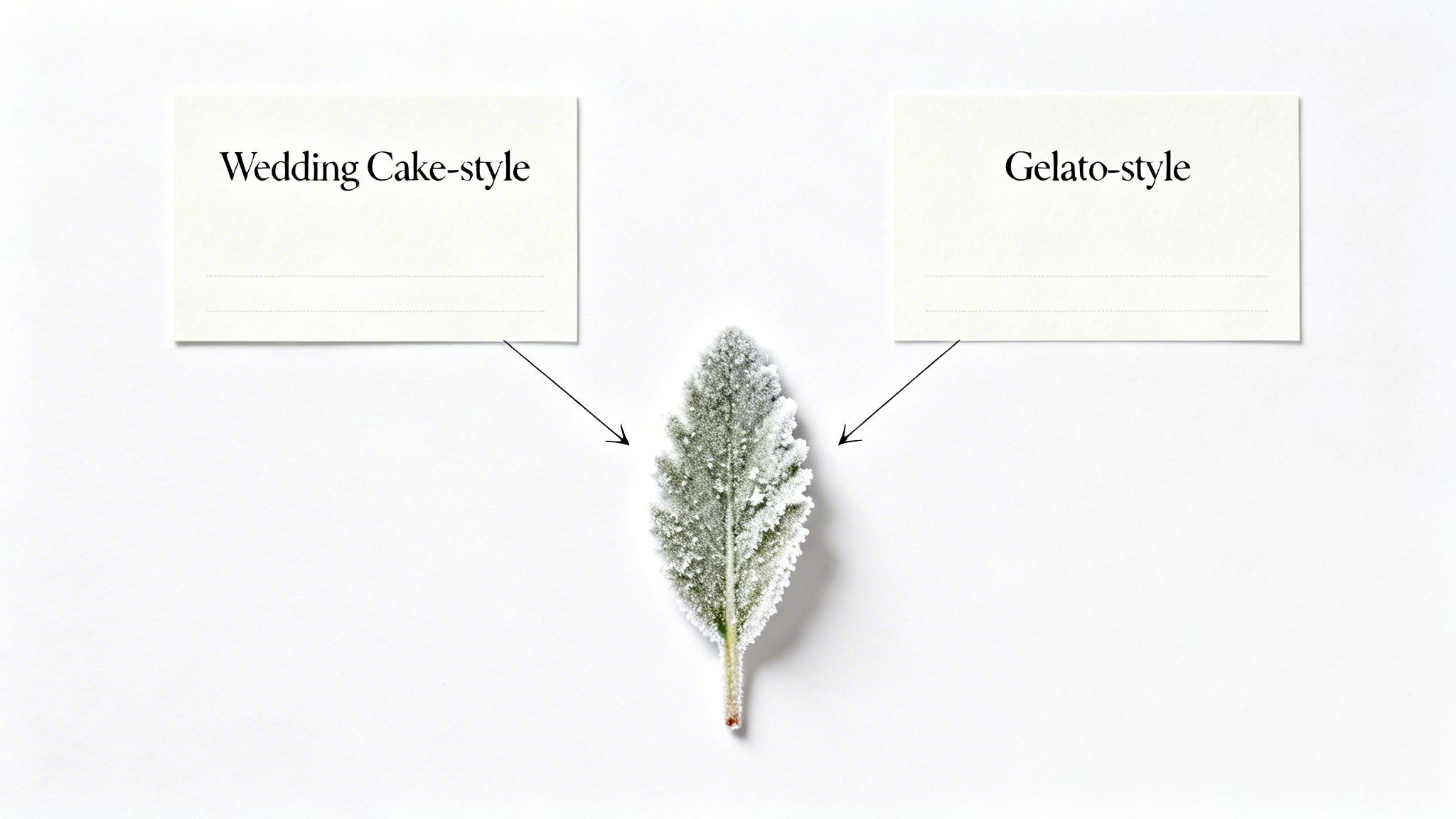 Two cards labeled 'Wedding Cake-style' and 'Gelato-style' point to a frosty green leaf.