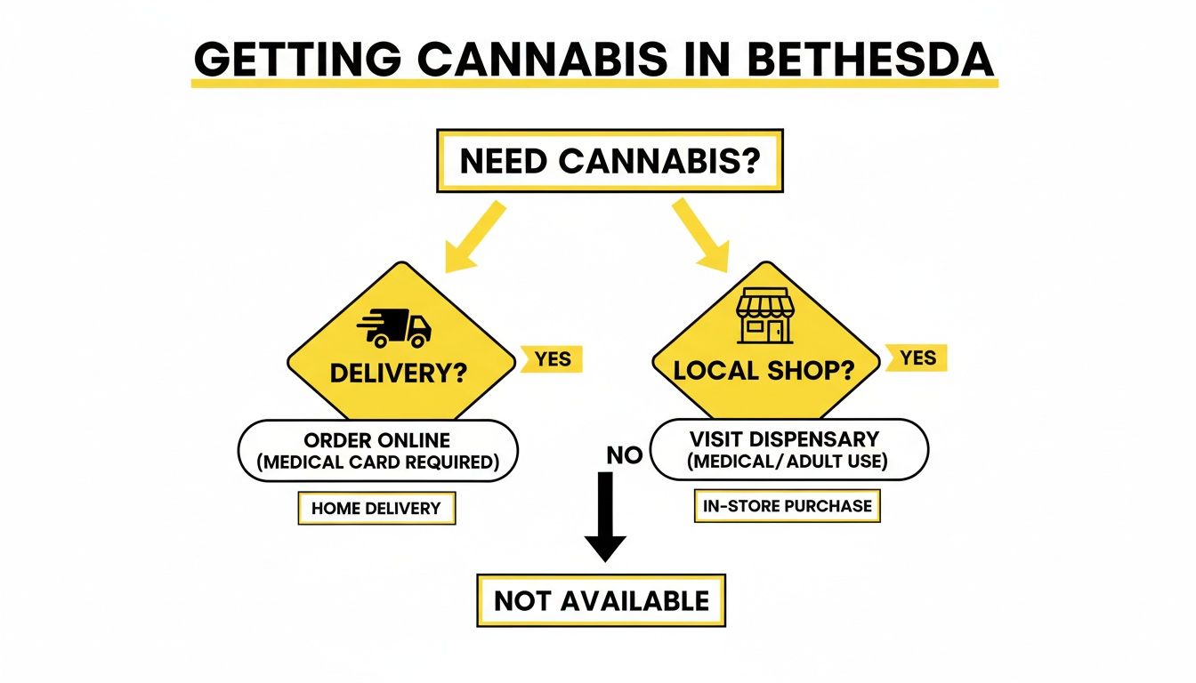 Flowchart detailing options for getting cannabis in Bethesda, Maryland, including delivery and local dispensaries.