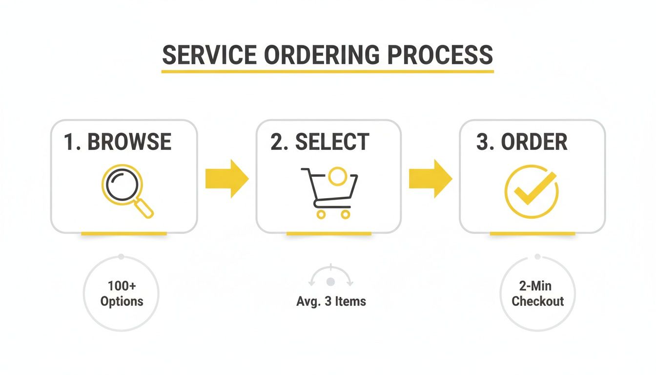 Infographic showing a three-step service ordering process: browse, select, and order with key metrics.