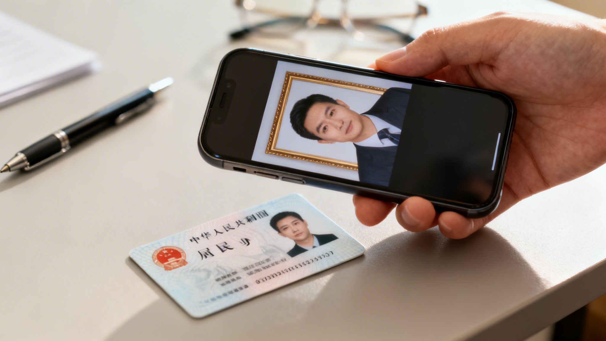 A person holds a smartphone showing a portrait photo, with a Chinese ID card on a desk.