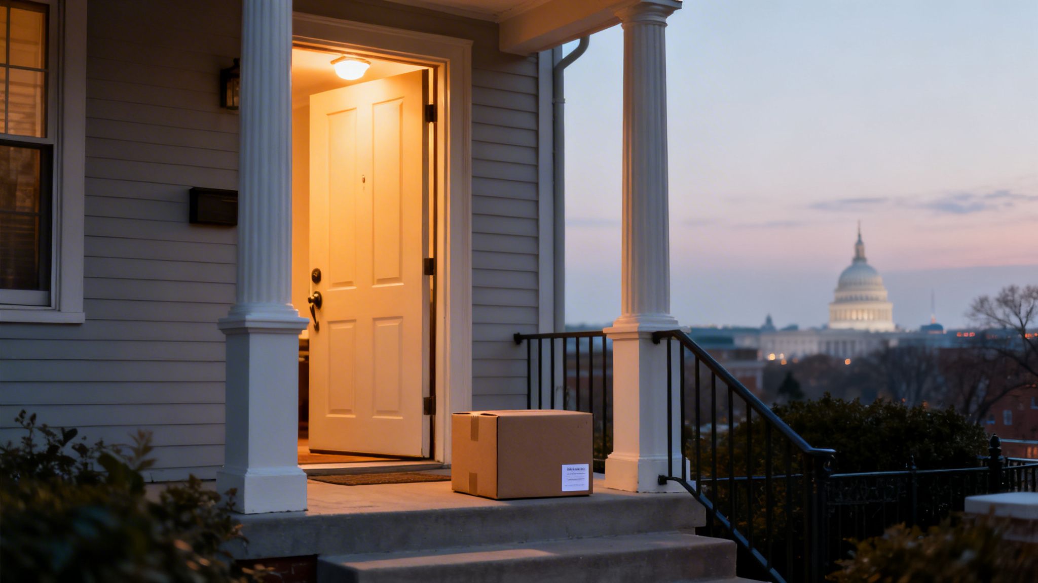 A delivered package sits on a home's front porch with the glowing US Capitol building in the distance.
