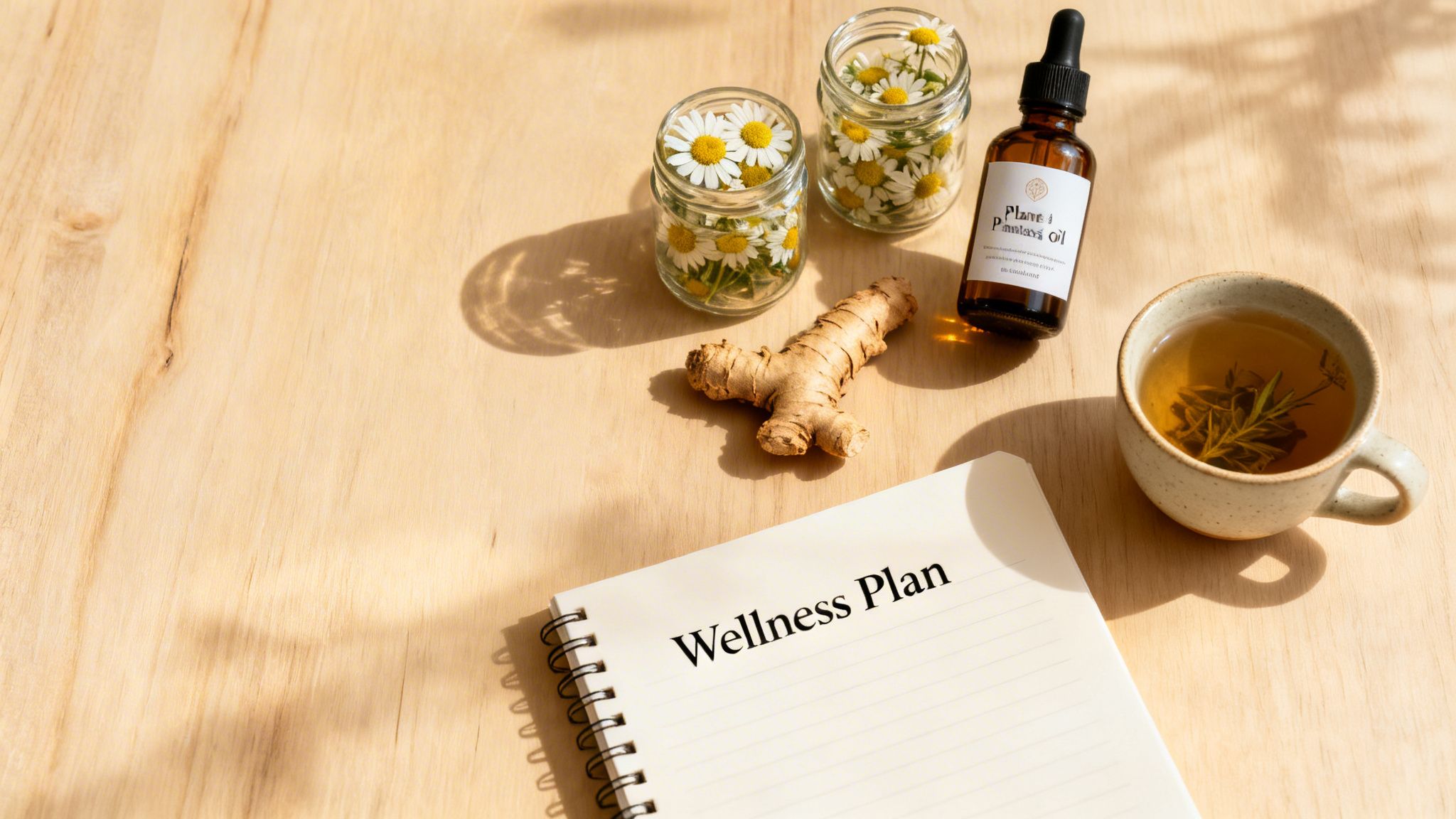 A wellness plan notebook surrounded by chamomile flowers, ginger, herbal oil, and tea on wood.