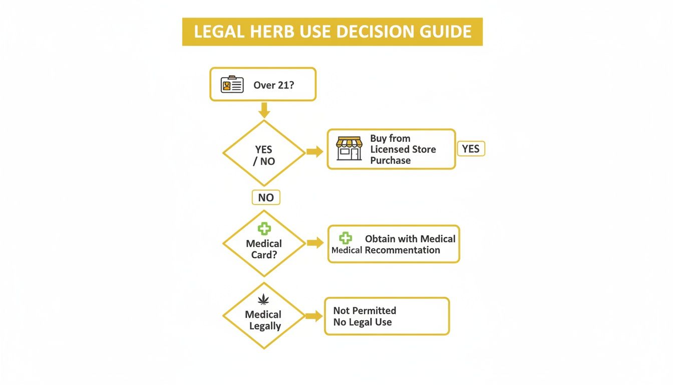 Flowchart illustrating legal herb use decisions based on age, medical card, and legal status.