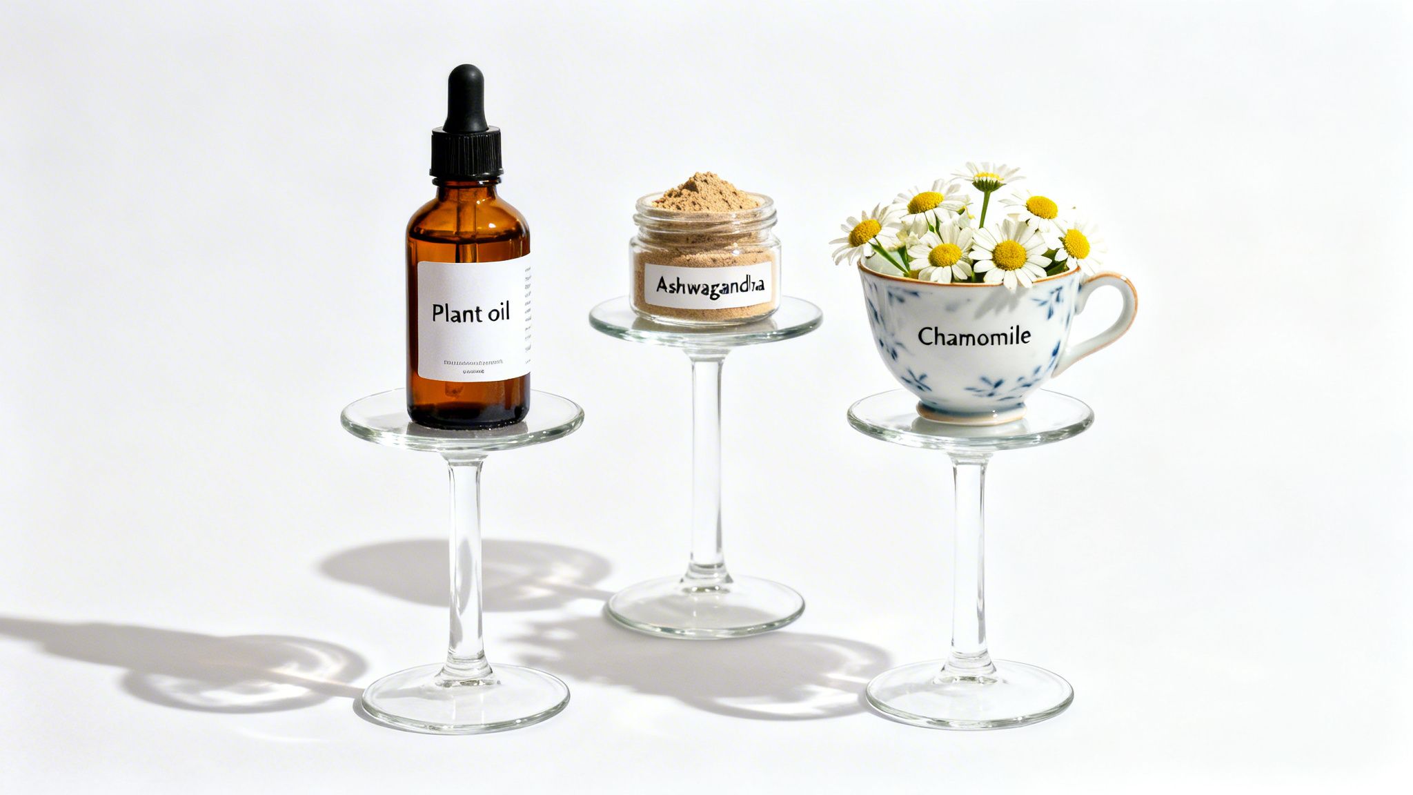 Three herbal remedies: plant oil in a dropper bottle, ashwagandha powder, and fresh chamomile flowers on stands.