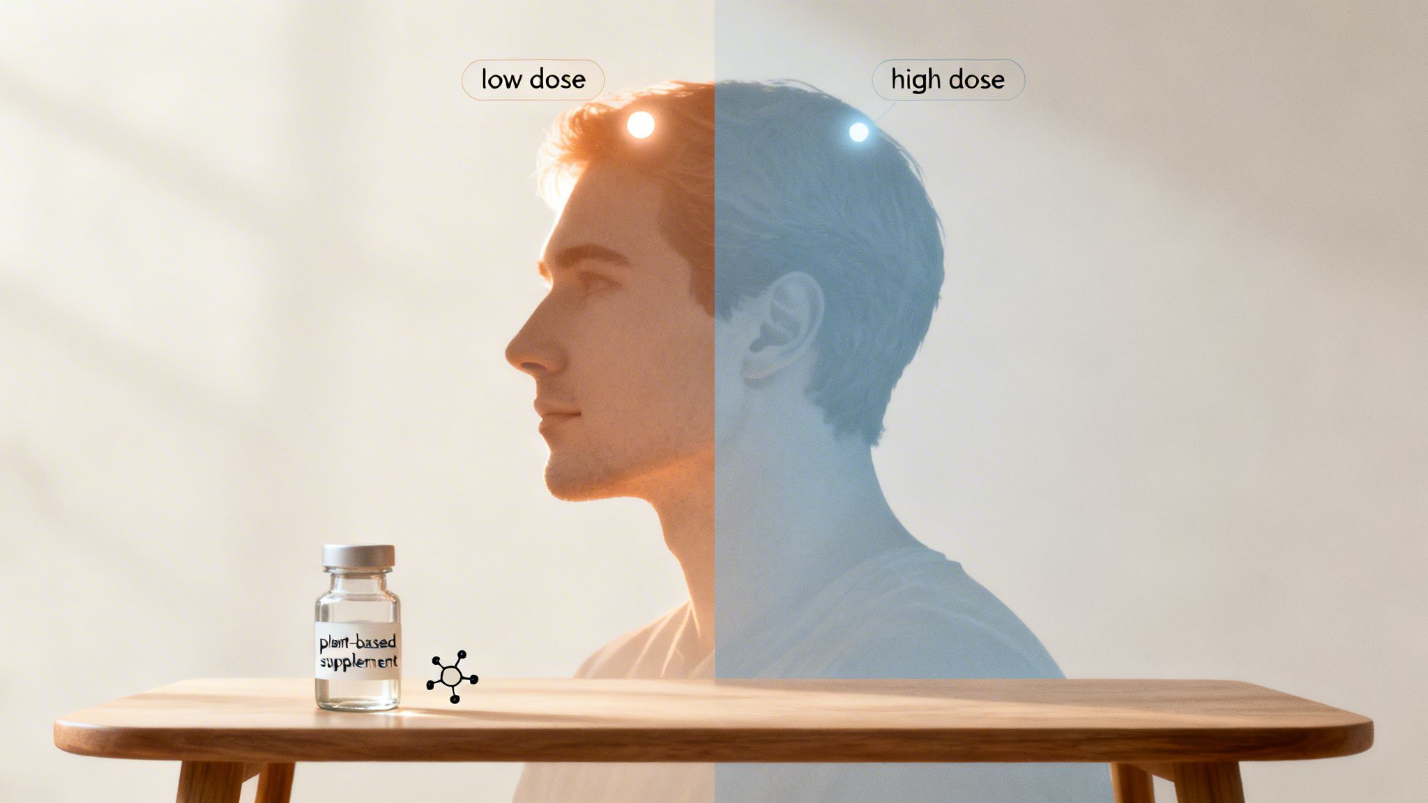 Man's head shows low and high dose effects of a plant-based supplement with glowing lights.