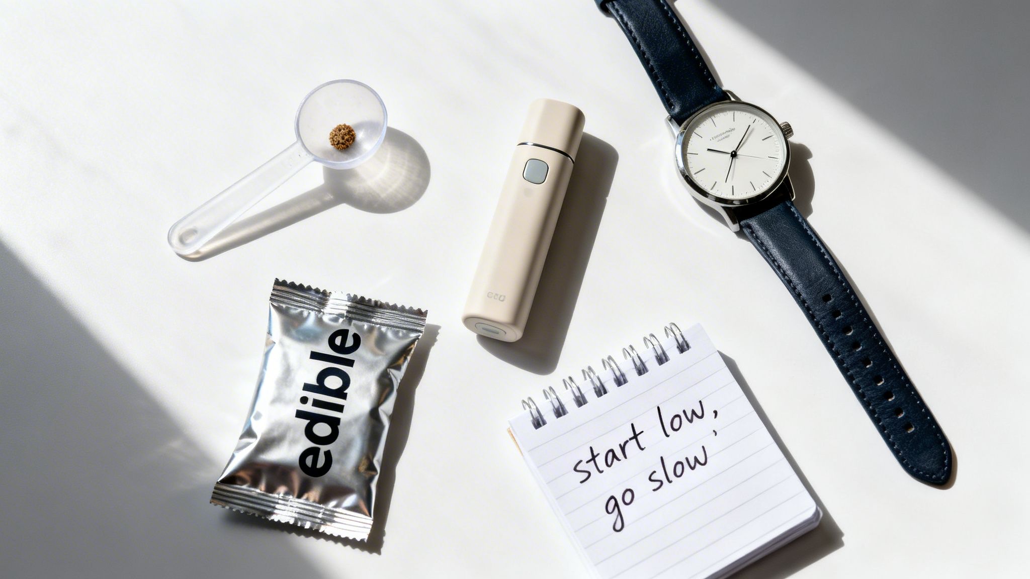 A flat lay shows a measuring spoon with cannabis, a vape pen, an edible packet, and a 'start low, go slow' note.