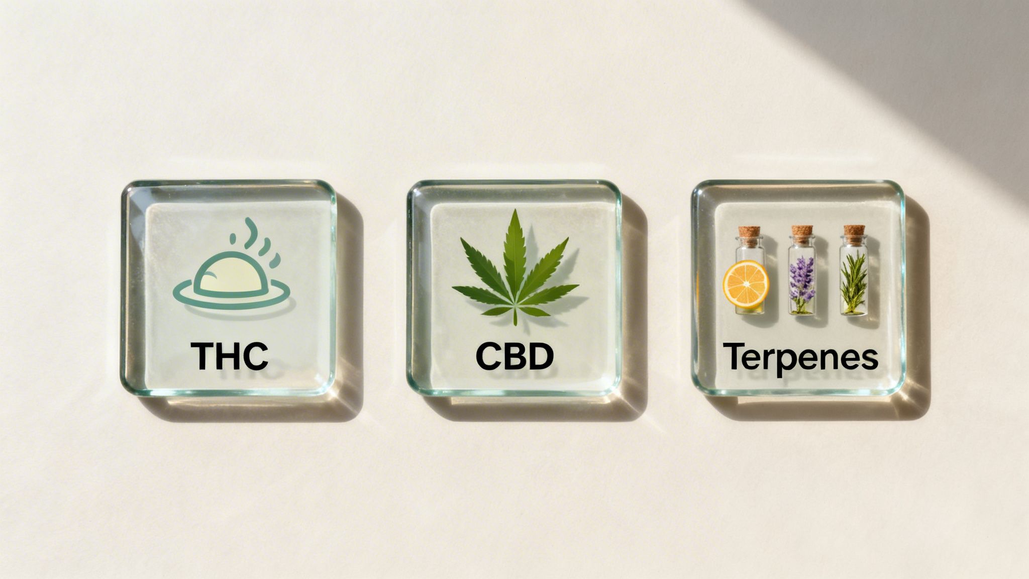 Three glass squares with icons and text representing THC, CBD, and Terpenes.