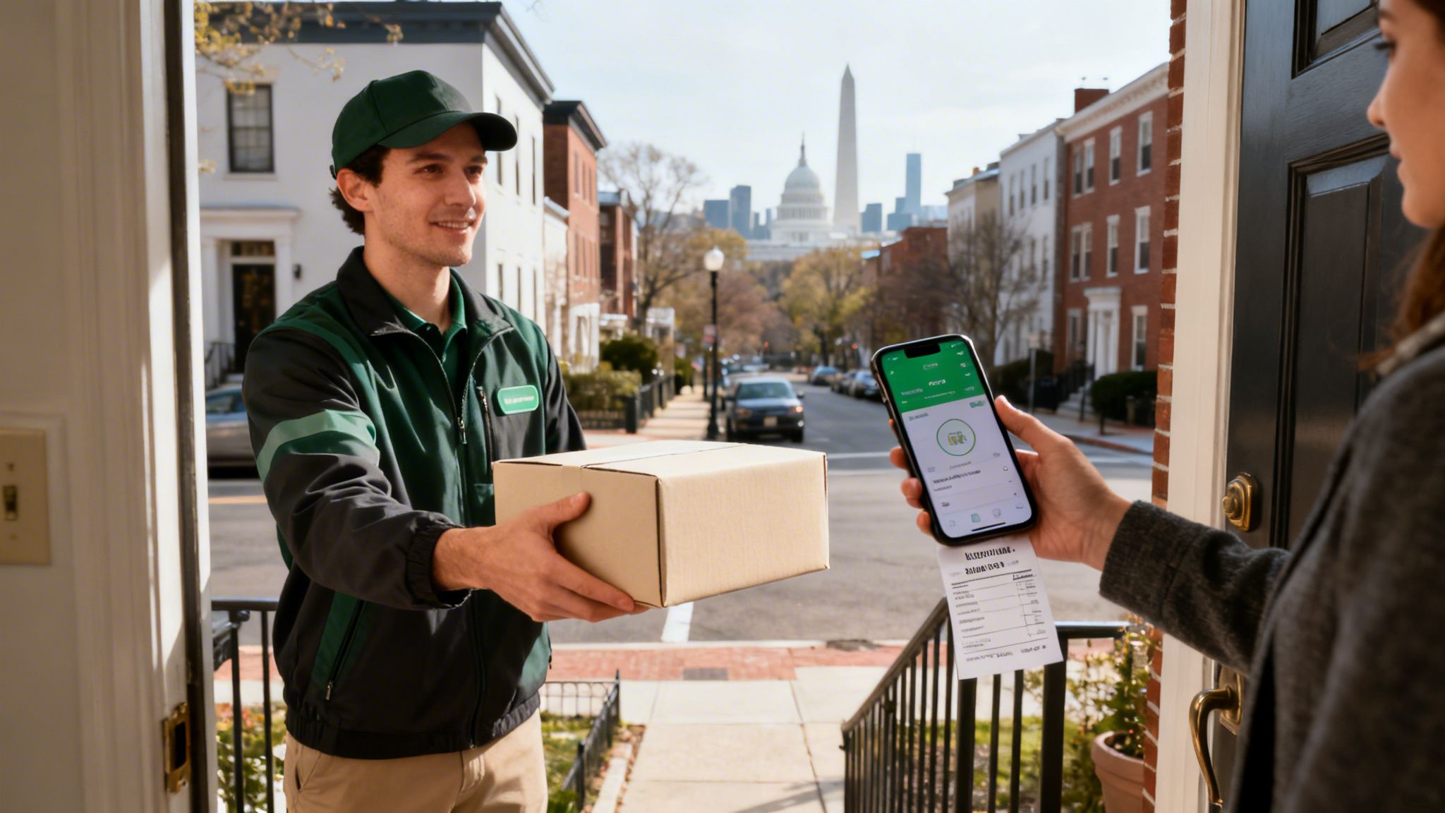 Delivery person hands a package to a customer holding a smartphone with a receipt, Washington D.C. in background.