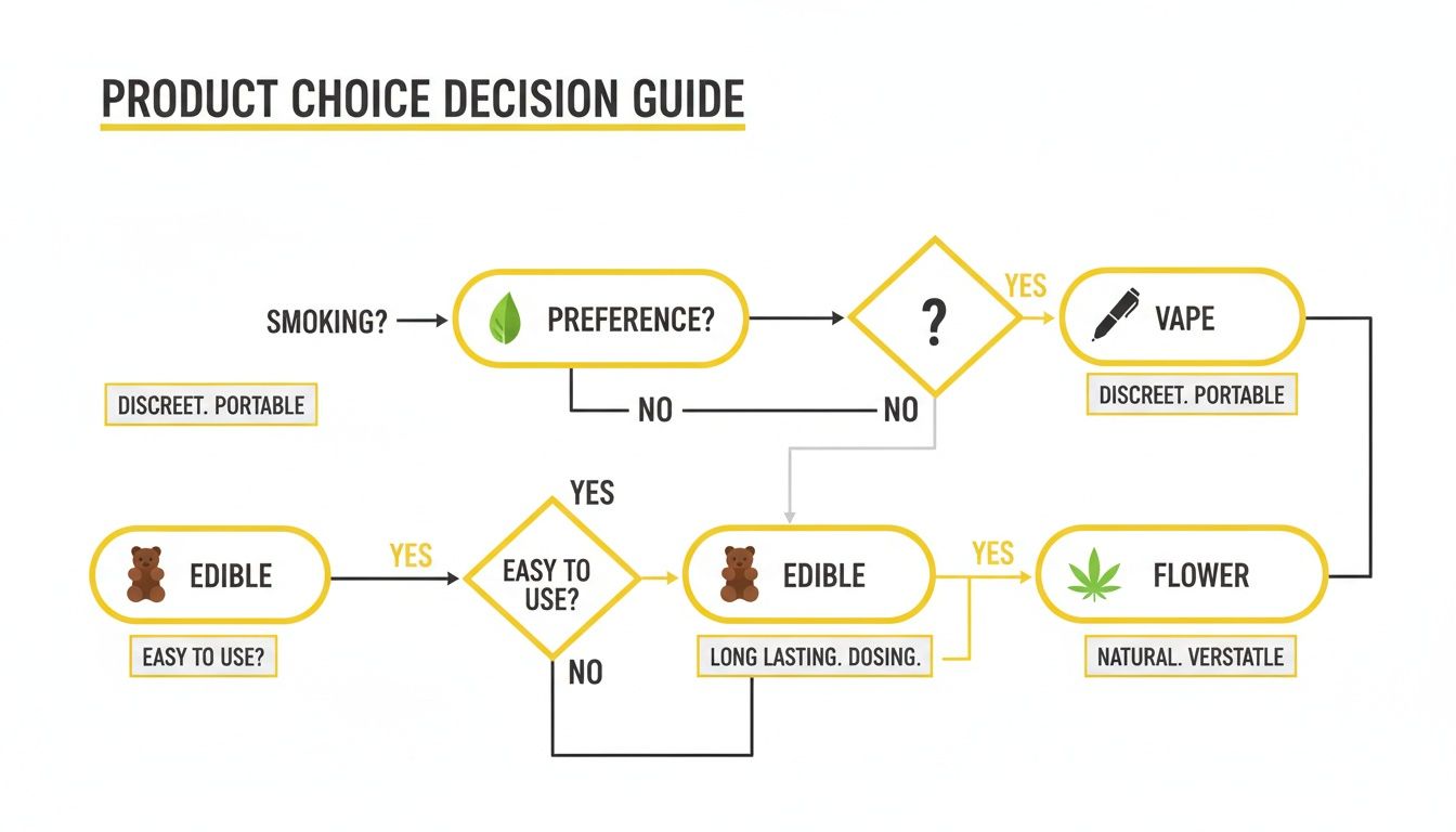 A product choice decision guide flowchart for cannabis, detailing options like vape, edibles, and flower based on preferences and usage.