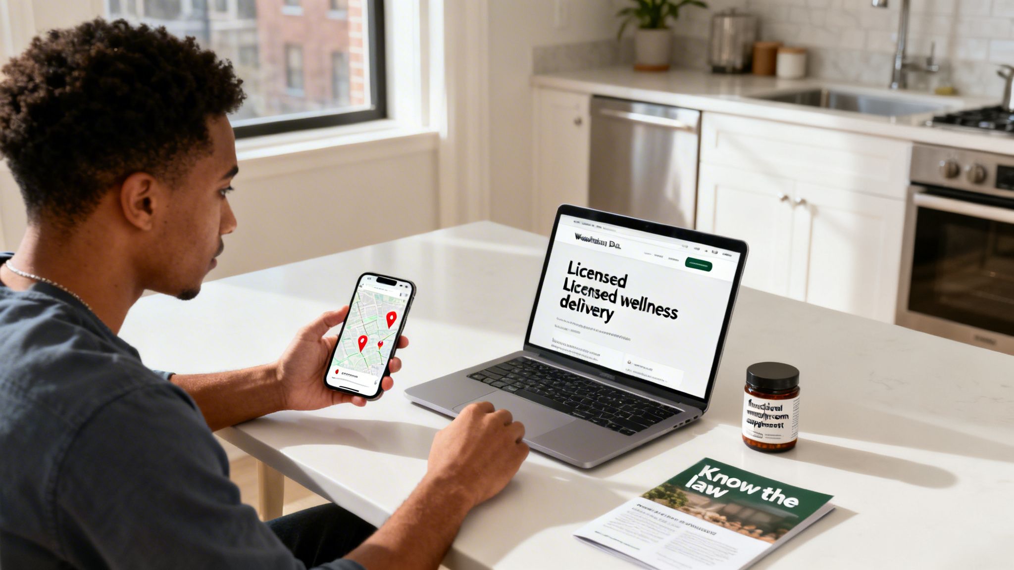 Young man viewing a map on his phone while working on a laptop with "Licensed wellness delivery" text.