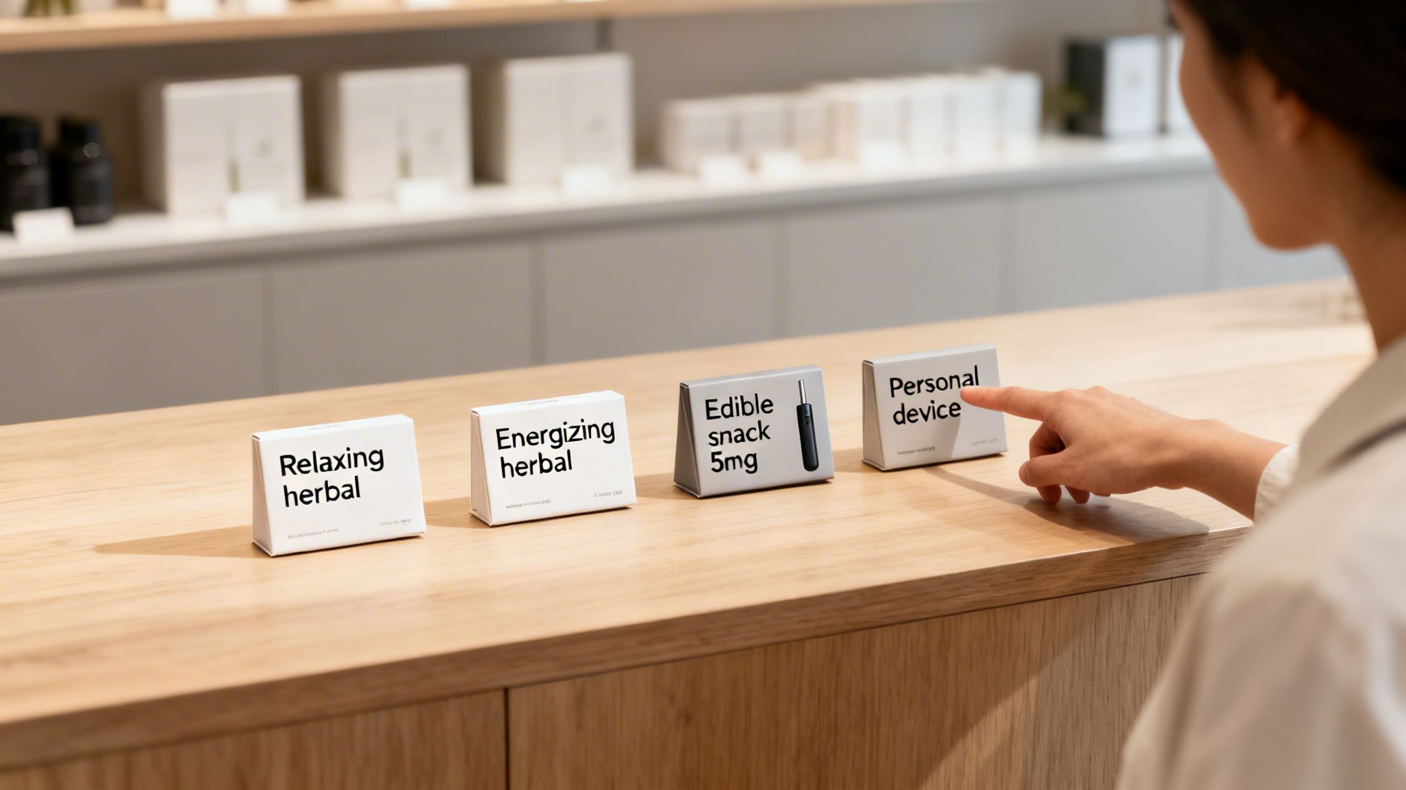 A person's hand points to a 'Personal device' box on a wooden counter with various wellness products.