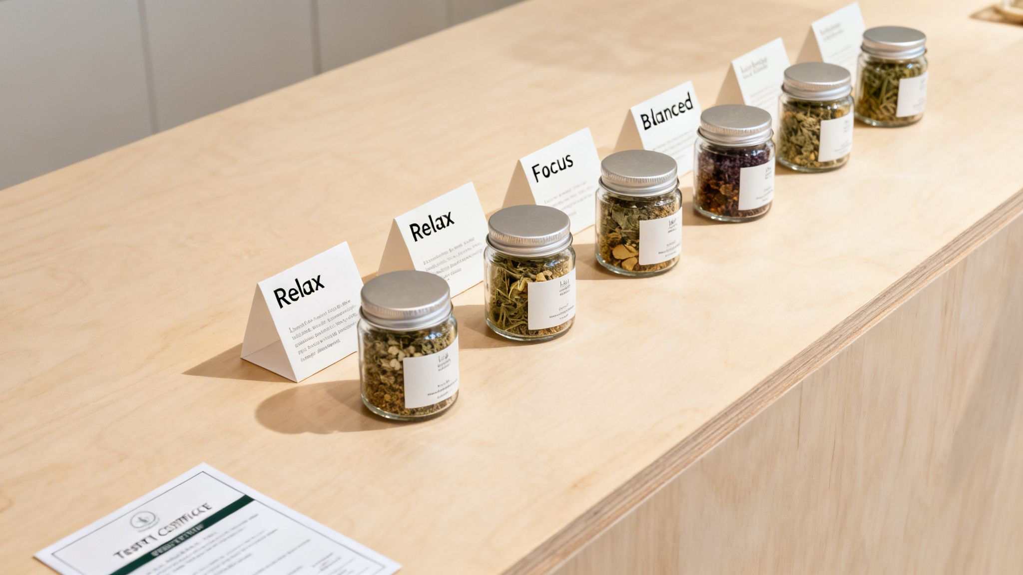 A display of glass jars with dried herbs labeled 'Relax', 'Focus', and 'Blanced' on a wooden counter.