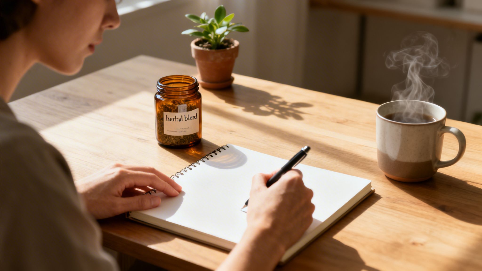 A person's hands writing in a notebook on a wooden desk with a herbal blend jar and steaming coffee.