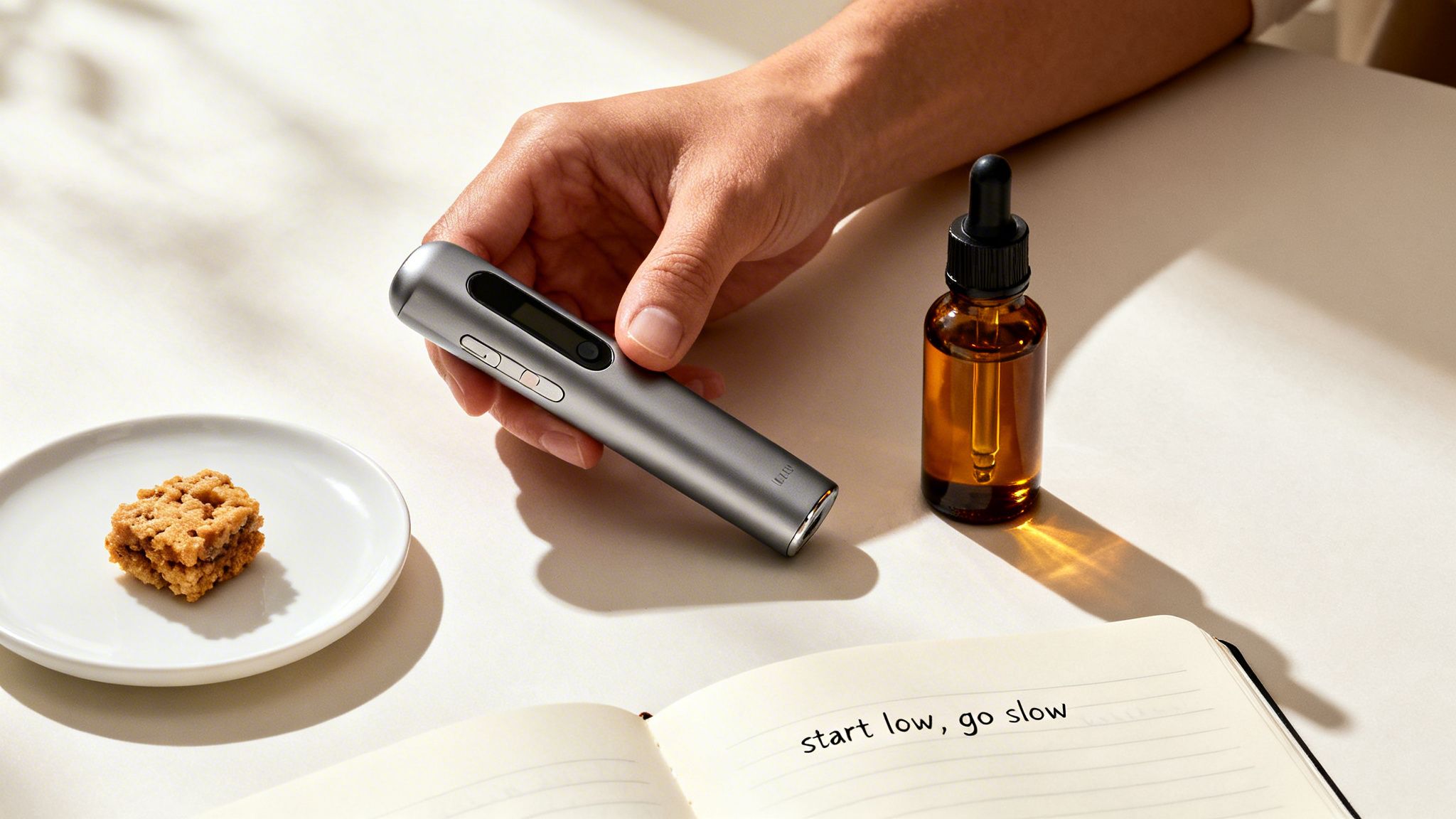 Hand holding a sleek cannabis dosage device, CBD oil, a cookie, and a notebook.