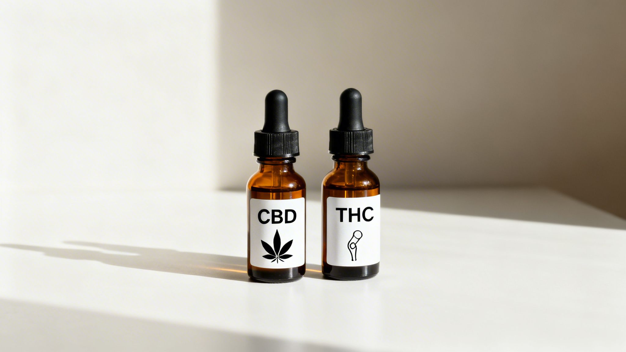 Two amber dropper bottles, one CBD with a cannabis leaf, one THC with a knee icon, on a light surface.